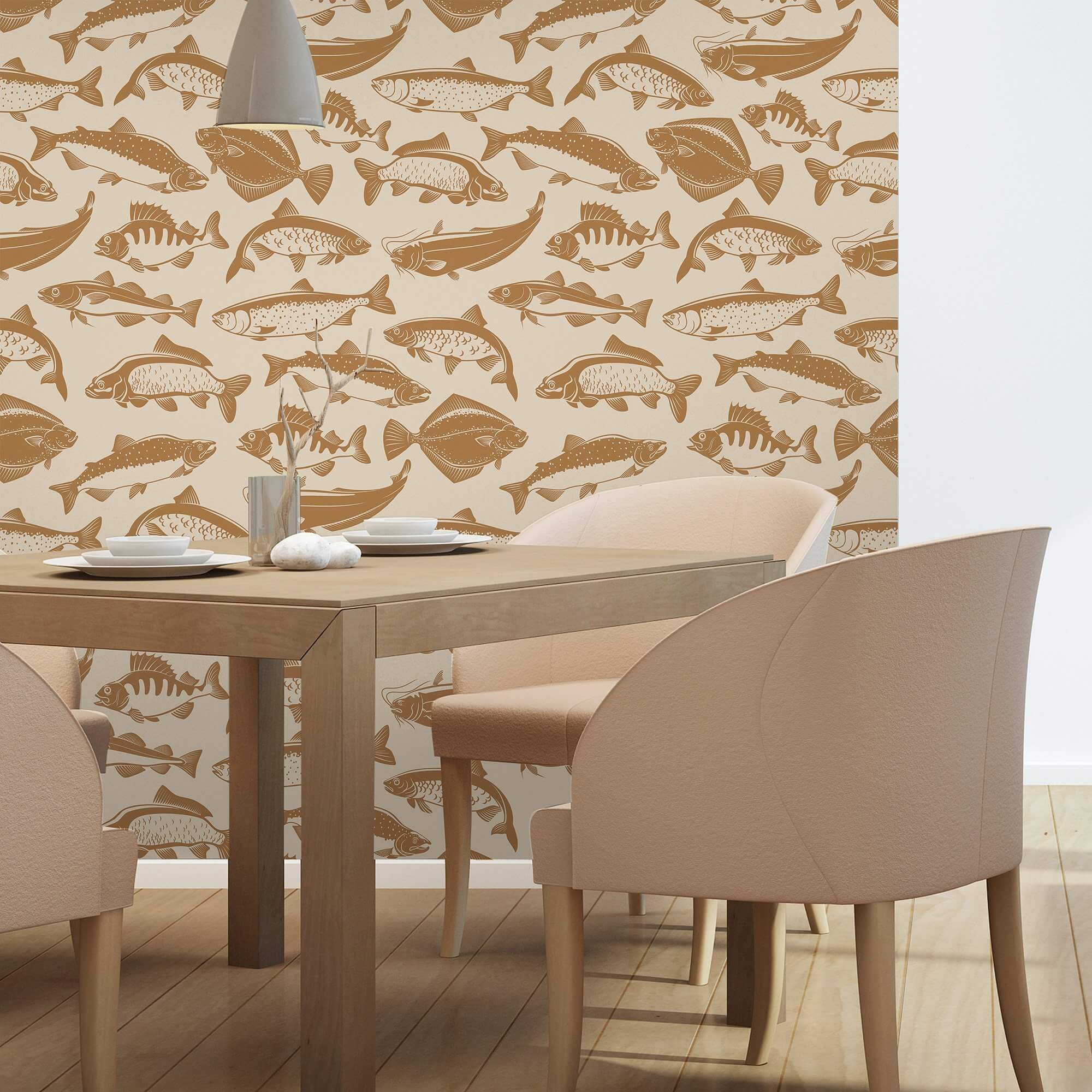 Brown and Beige Fish Nautical Peel and Stick Removable Wallpaper - Self-Adhesive Decorative Wall Covering for Bedroom, Bathroom, Nursery & Office Decor