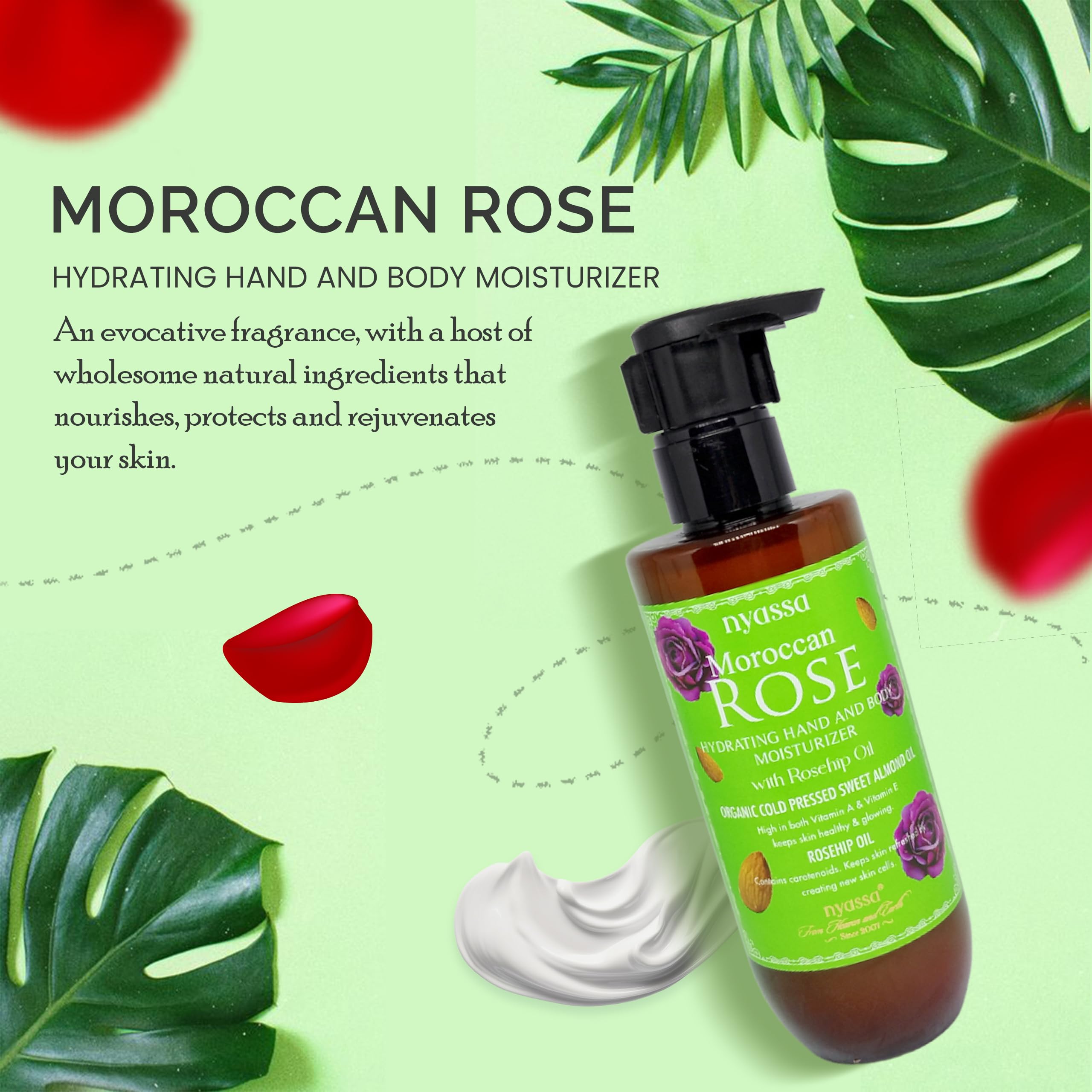Nyassa Moroccan Rose Hand and Body Moisturizer with Rosehip Oil & Organic Sweet Almond Oil - 200ml Hydrating Lotion for Dry Skin, Anti-Aging & Glowing Complexion | Paraben-Free, Sulfate-Free, Vegan & Cruelty-Free | Perfect for Daily Skincare Routine, Spa Days & Gift Giving