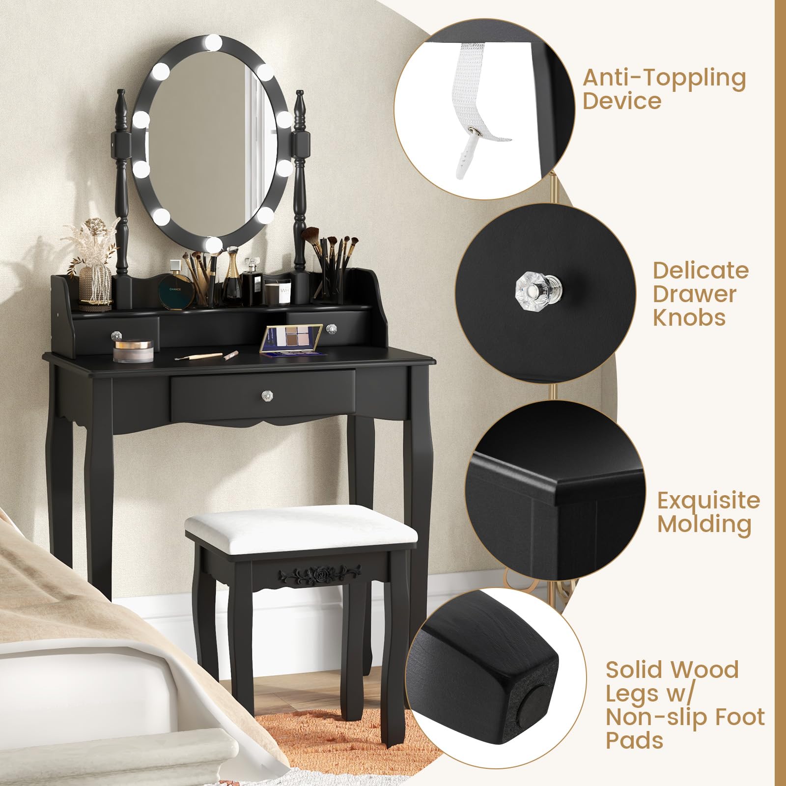 Charmaid Girls Makeup Vanity Desk with LED Lights - Adjustable Brightness & 3 Lighting Modes - Modern Vanity Table with Lighted Mirror, 3 Drawers & Stool - Perfect for Small Spaces & Bedroom Decor (Black)