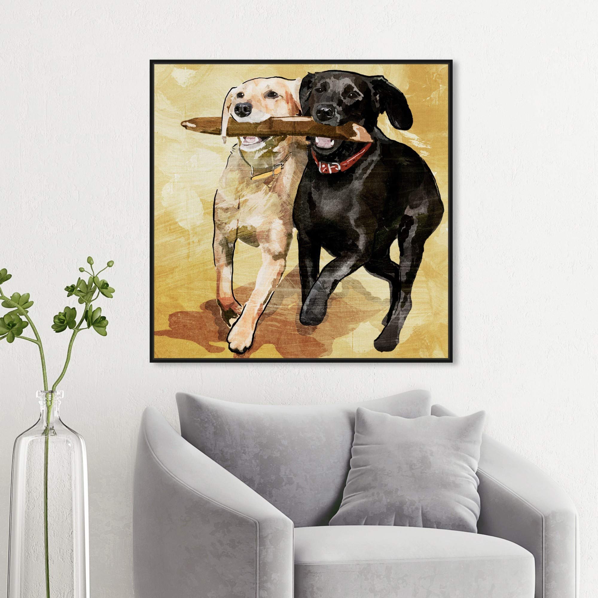 Playtime Dogs and Puppies Framed Wall Art Canvas Prints - Animal Themed Home Decor for Living Room, Bedroom & Nursery