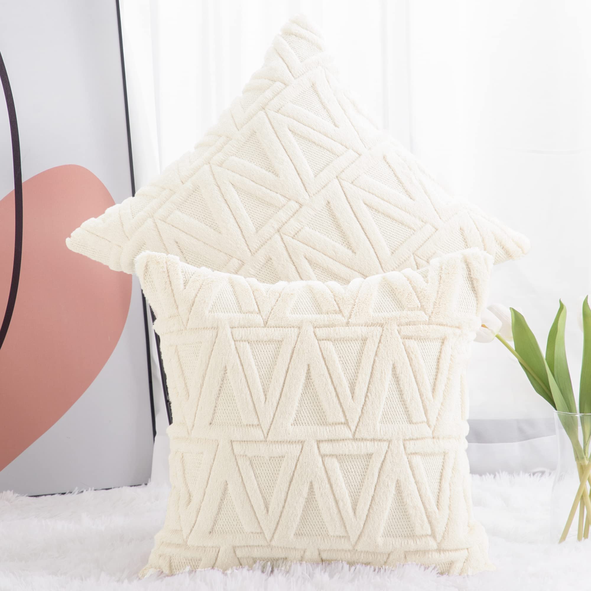 Soft Beige Plush Wool Throw Pillow Covers Set of 2 - Velvet Boho Decorative Pillowcases 20x20 Inch for Sofa, Bedroom & Living Room - Cozy Home Decor Accent