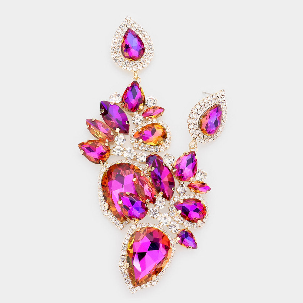 Fuchsia Crystal Marquise Teardrop Stone Cluster Statement Earrings for Pageant, Prom & Special Occasions | Elegant Women's Fashion Jewelry | 530330