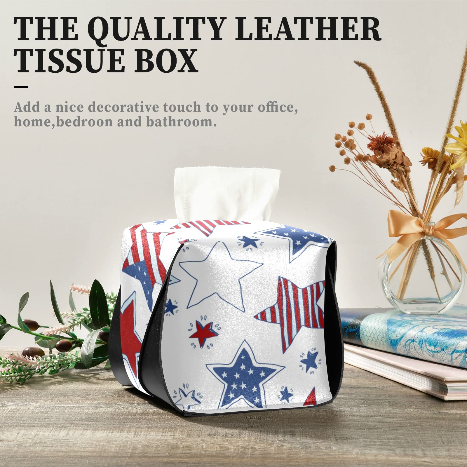 USA Flag Leather Tissue Box Cover - White & Blue Stars Design with Handle for Bathroom, Home, Office, Car | 5.7x5.7x5.7 in | Perfect for Nightstands, Vanity Countertops & Desk Decor