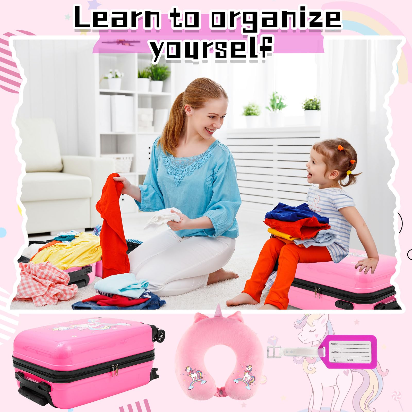 Sanwuta 6-Piece Kids Luggage Set - Pink Unicorn Rolling Suitcases for Girls (18
