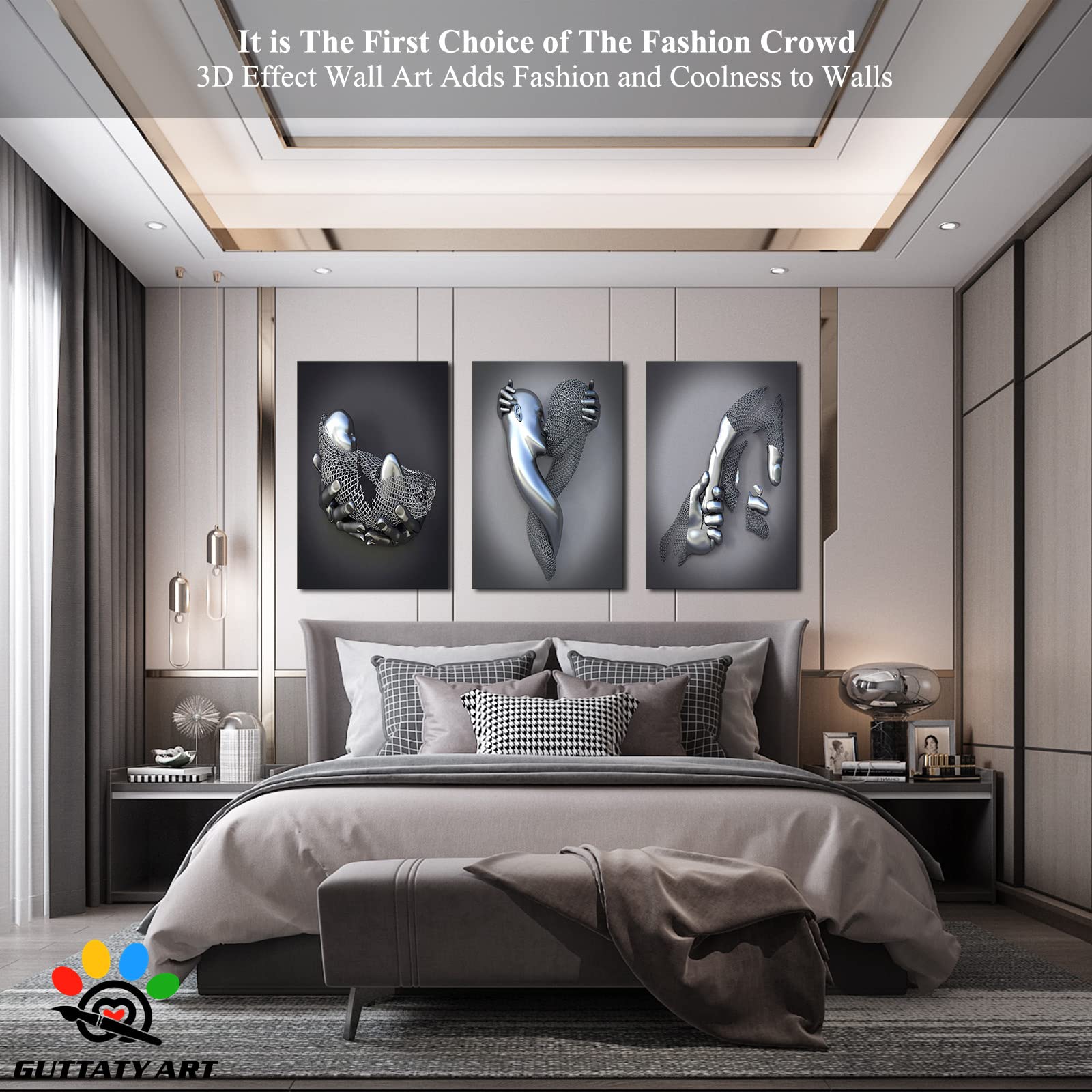 3D Metal Heart Wall Art Set - Silver Gray Love Decor for Living Room & Bedroom - Framed Modern Canvas Painting - Valentine's Day Gift for Couples - 24