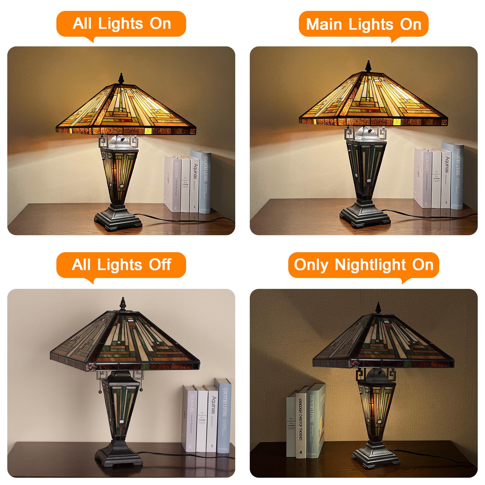 Tiffany Style Stained Glass Table Lamp - Capulina 3-Light Amber Brown Mission Desk Lamp (16x16x24 Inches) for Living Room, Bedroom & Home Office | Perfect for Reading, Decor & Ambient Lighting