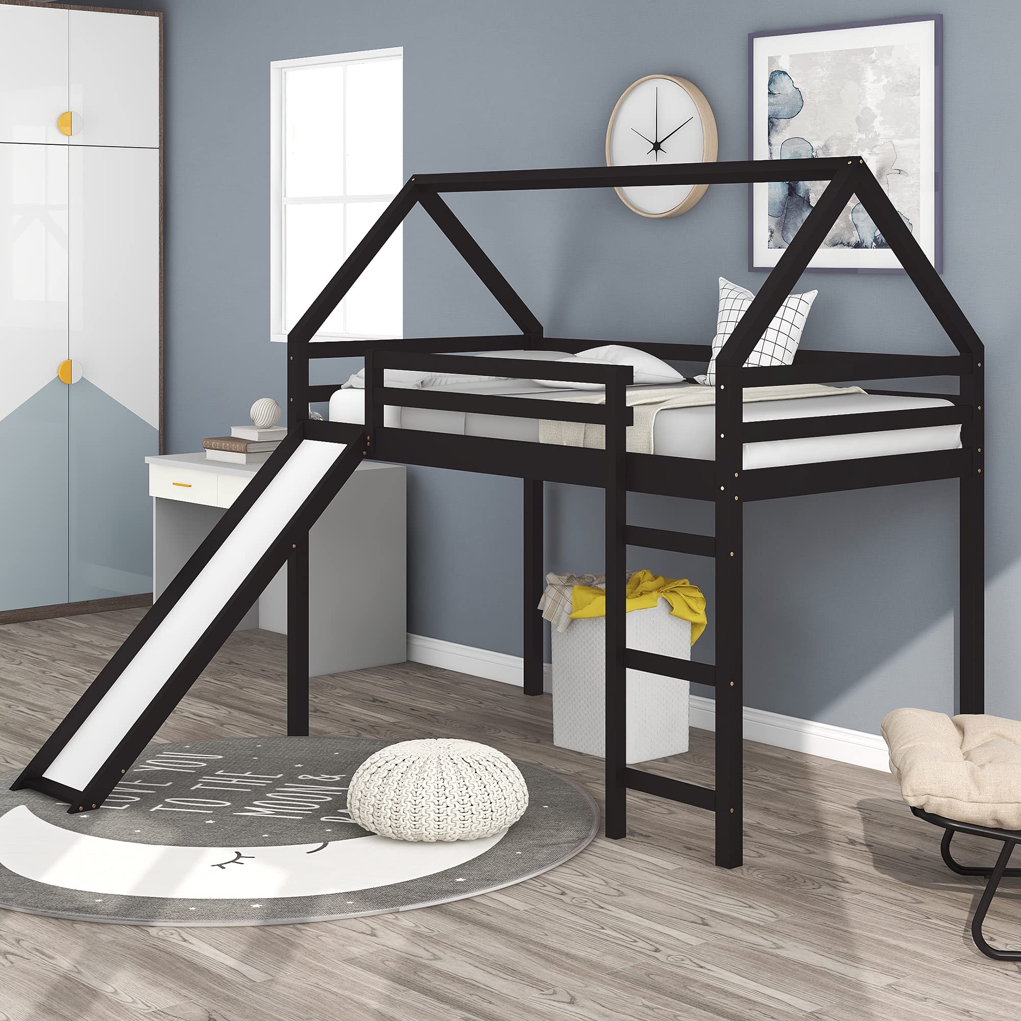 Twin Loft Bed with Slide - Kids House Bed with Slide - Solid Wood Bed Frame for Girls & Boys - Espresso Finish - Perfect for Small Bedrooms, Playrooms & Kids' Sleepovers