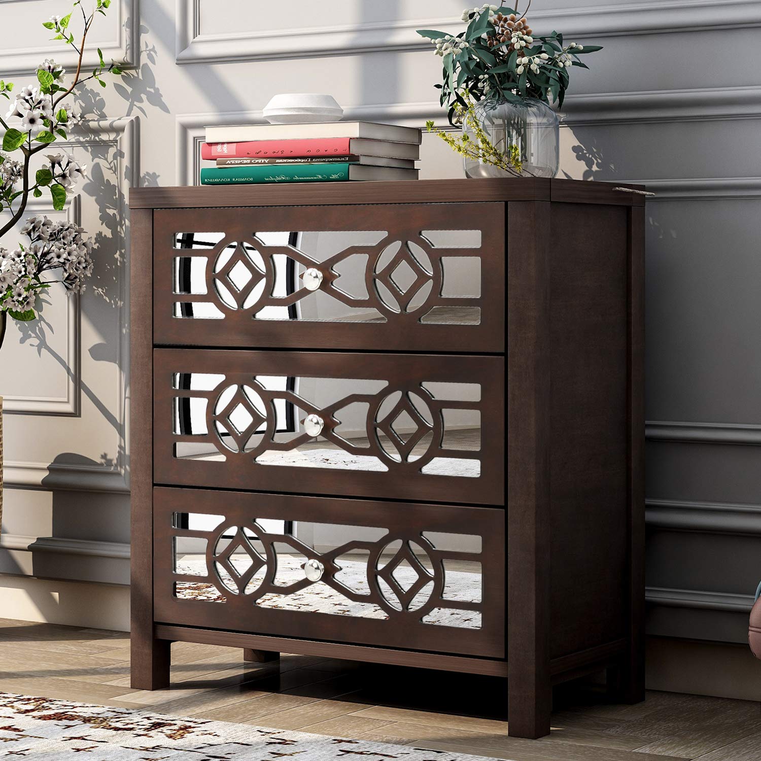 Retro Wood Storage Cabinet with Mirror - 3 Drawers for Bedroom & Living Room - Dark Espresso