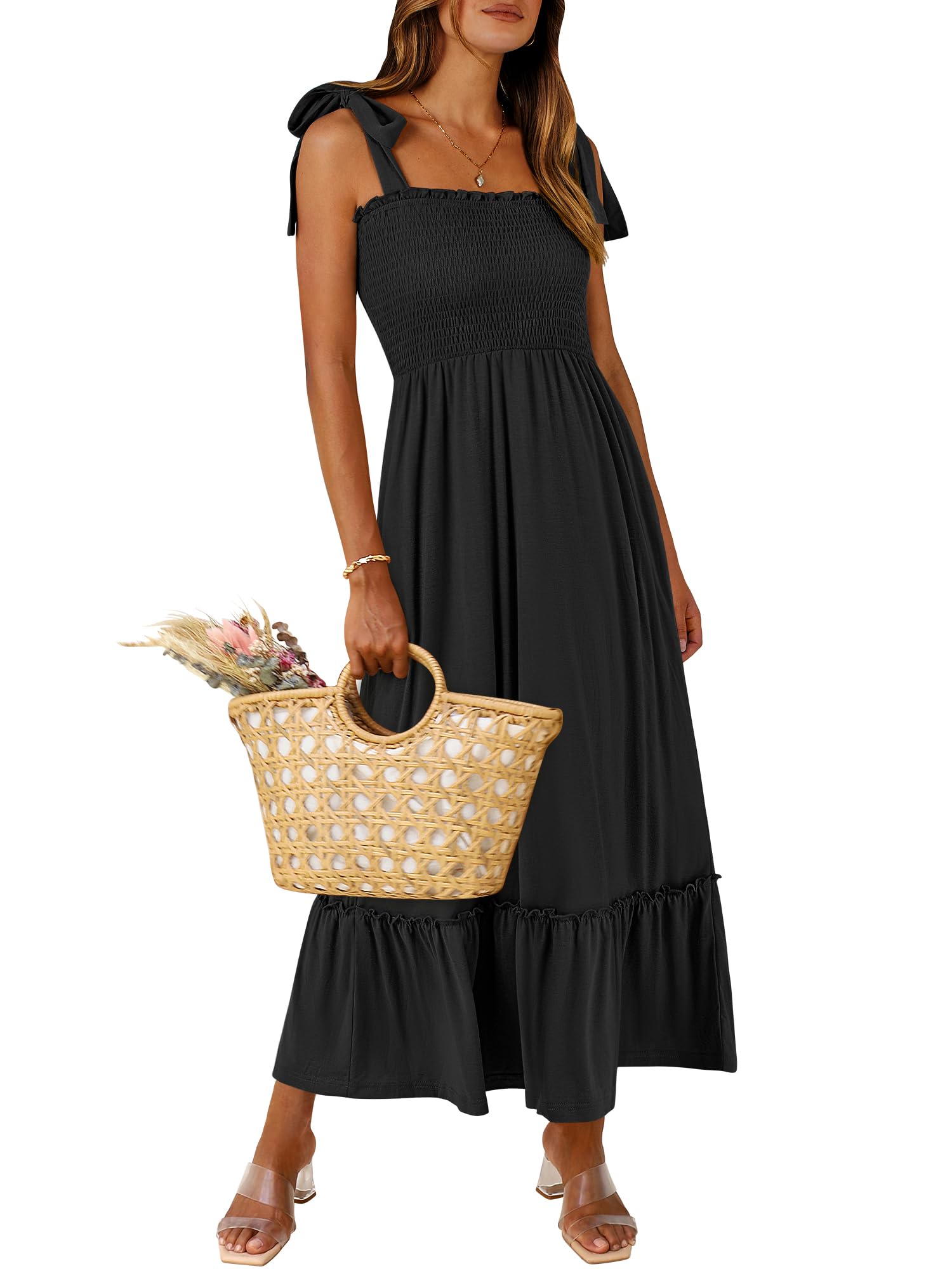 ANRABESS Women's Summer Casual Strap Smocked Maxi Dress - Flowy Tiered A-Line Sundress for Beach, Travel, Wedding Guest & Outdoor Occasions