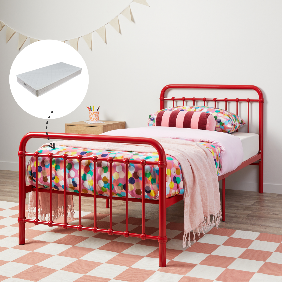 Sonata Single Bed Frame with Mattress - Red Wooden Twin Size Bed for Small Spaces, Guest Room & Kids Bedroom - Easy Assembly & Modern Design
