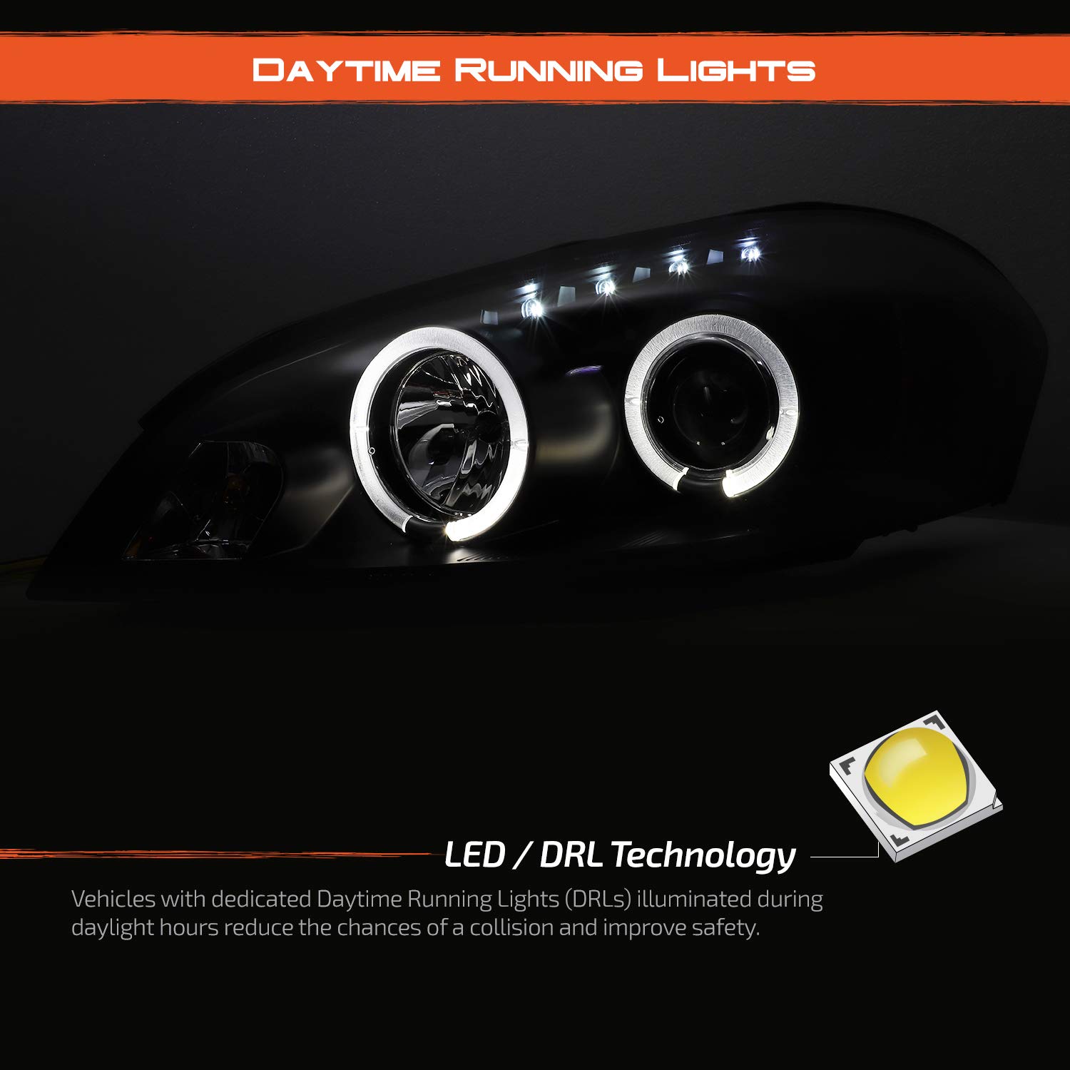 AKKON Replacement Headlights for Chevy Impala & Monte Carlo - Black Bezel Halo Ring Projector Headlamps (Left/Right Pair) - Upgrade Your Night Driving Safety & Style