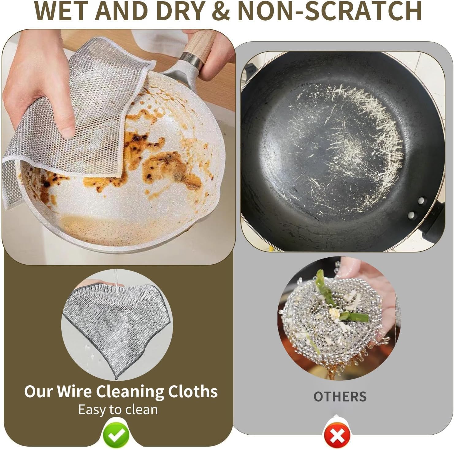 Stainless Steel Dish Scrubber Non-Scratch Cleaning Cloth - 10 Pack Wire Dishwashing Rags for Wet & Dry Cleaning - Perfect for Washing Dishes, Sinks, Countertops & Kitchen Surfaces