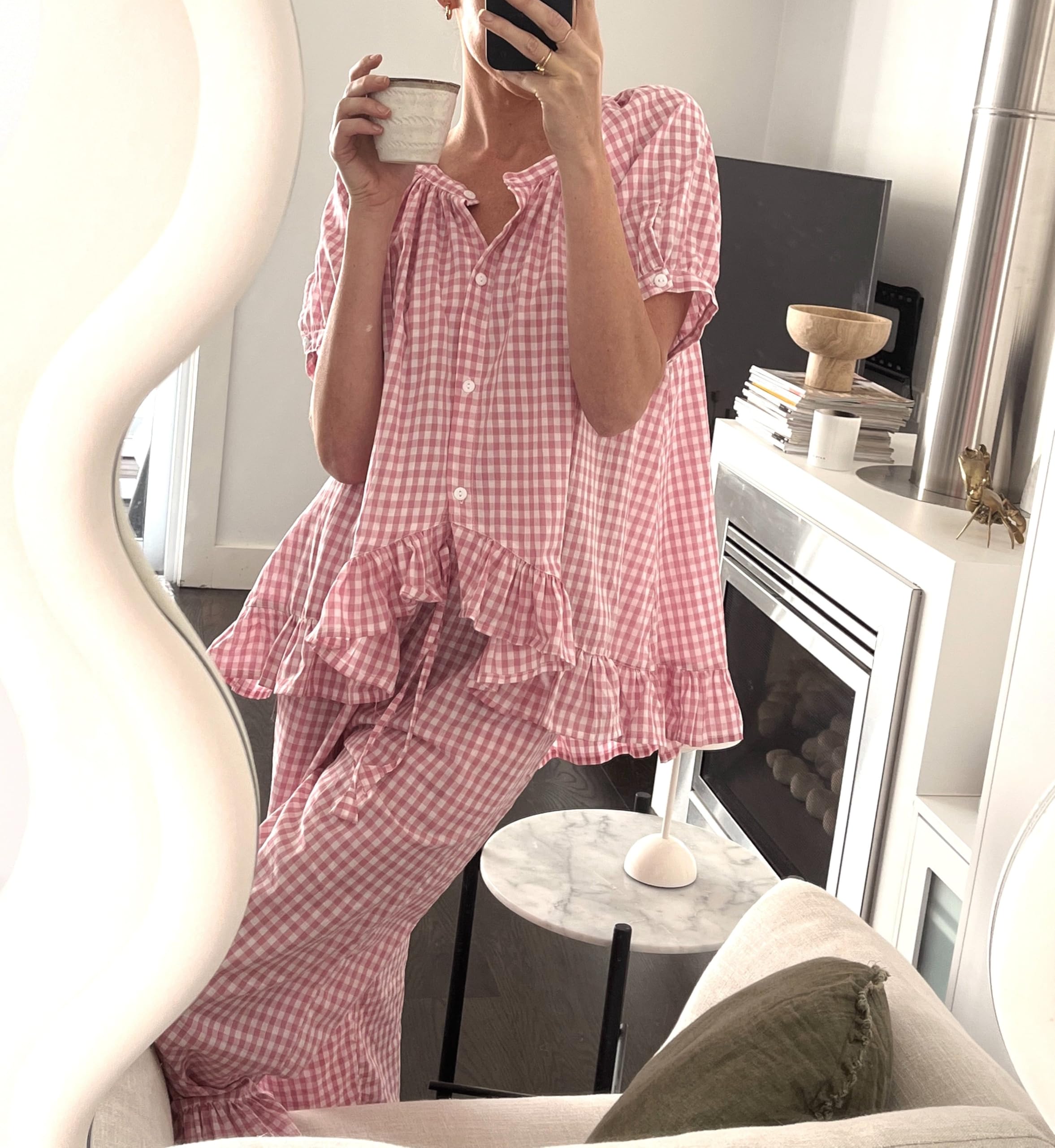 KMBANGI Women's Y2K Plaid Pajama Set - Ruffled Hem Gingham Short Sleeve Top & High Waist Bell Bottom Pants - Cute Lounge Wear for Sleepovers, Girls Night In & Cozy Home Relaxation