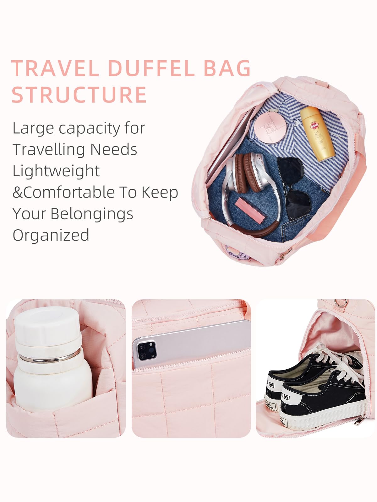 WESTBRONCO 25L Quilted Weekender Duffle Bag for Women - Soft, Lightweight Travel Overnight & Gym Bag with Crossbody Strap - Perfect for Weekend Getaways, Workouts & Business Trips
