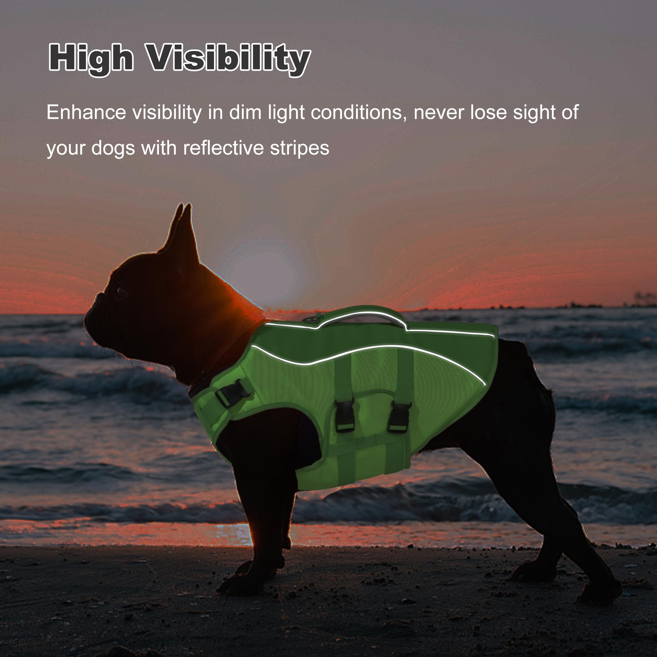Reflective Dog Life Jacket with Rescue Handle - Adjustable High Buoyancy Flotation Vest for Small, Medium & Large Dogs (Green, Size M) - Perfect for Swimming, Boating & Water Safety