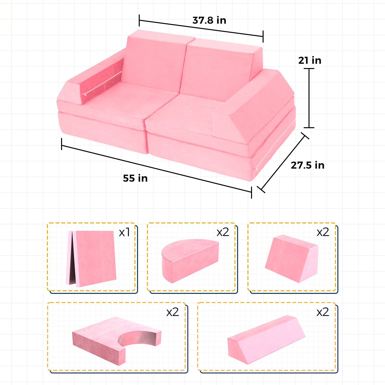 MAXYOYO 10-Piece Modular Convertible Kids Play Couch Sofa Set with Removable Soft Velvet Covers - Pink | Playroom Furniture for Toddlers & Children | Perfect for Playtime, Reading Nook & Sleepovers