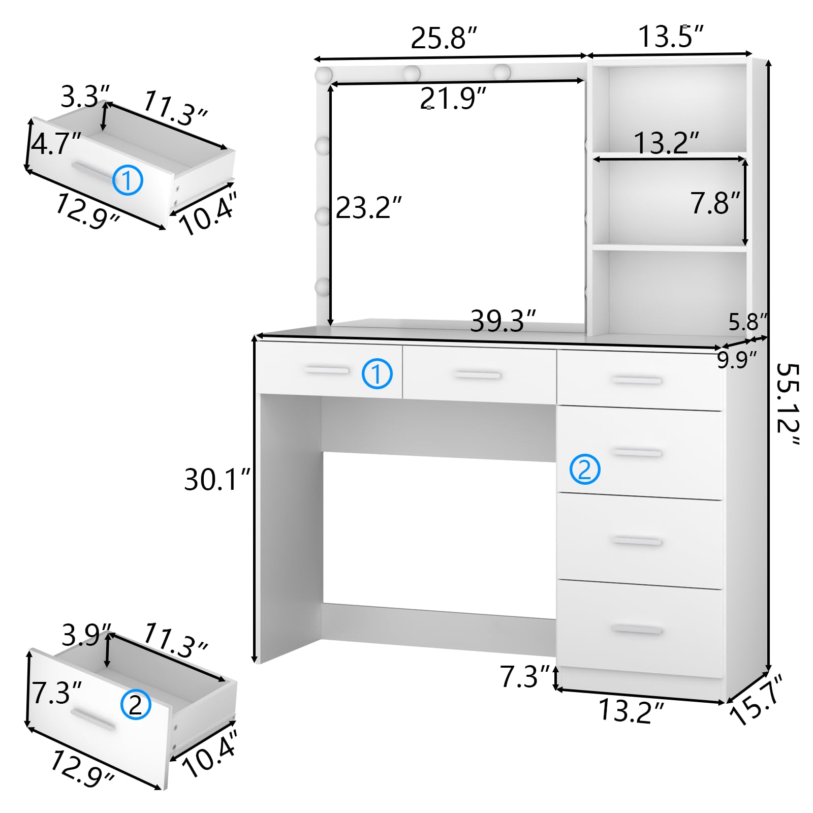 39 Inches White Vanity Desk with LED Lights & 6 Drawers - Makeup Dressing Table with Power Strip, Storage Shelves & Lighted Mirror for Women & Girls - Perfect for Bedroom, Dorm Room & Beauty Salon