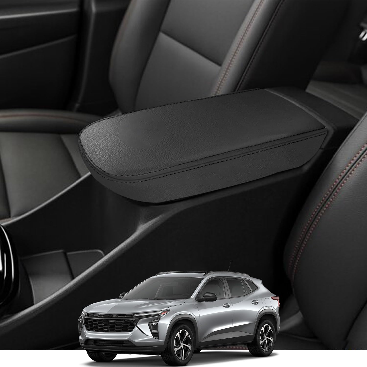 Rifoda Microfiber Leather Center Console Cover for 2024 Chevy Trax - Black Stitched Car Protection Accessory | Perfect for Road Trips & Daily Commute