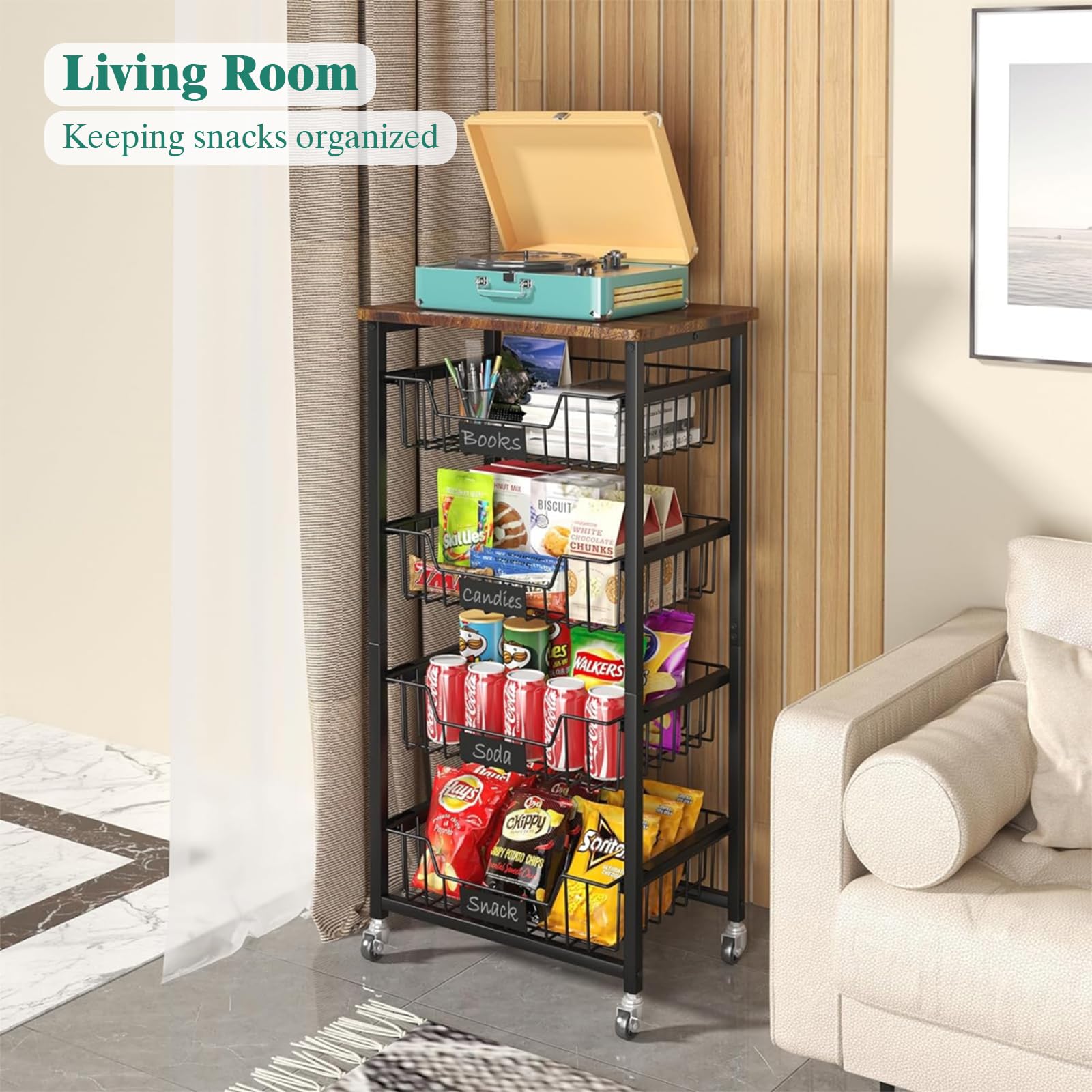 5-Tier Rolling Kitchen Cart with Pull-Out Baskets & Wood Top - Space Saving Fruit Vegetable Storage Organizer for Pantry, Dining Room & Small Spaces - Perfect for Fresh Produce Display & Kitchen Organization