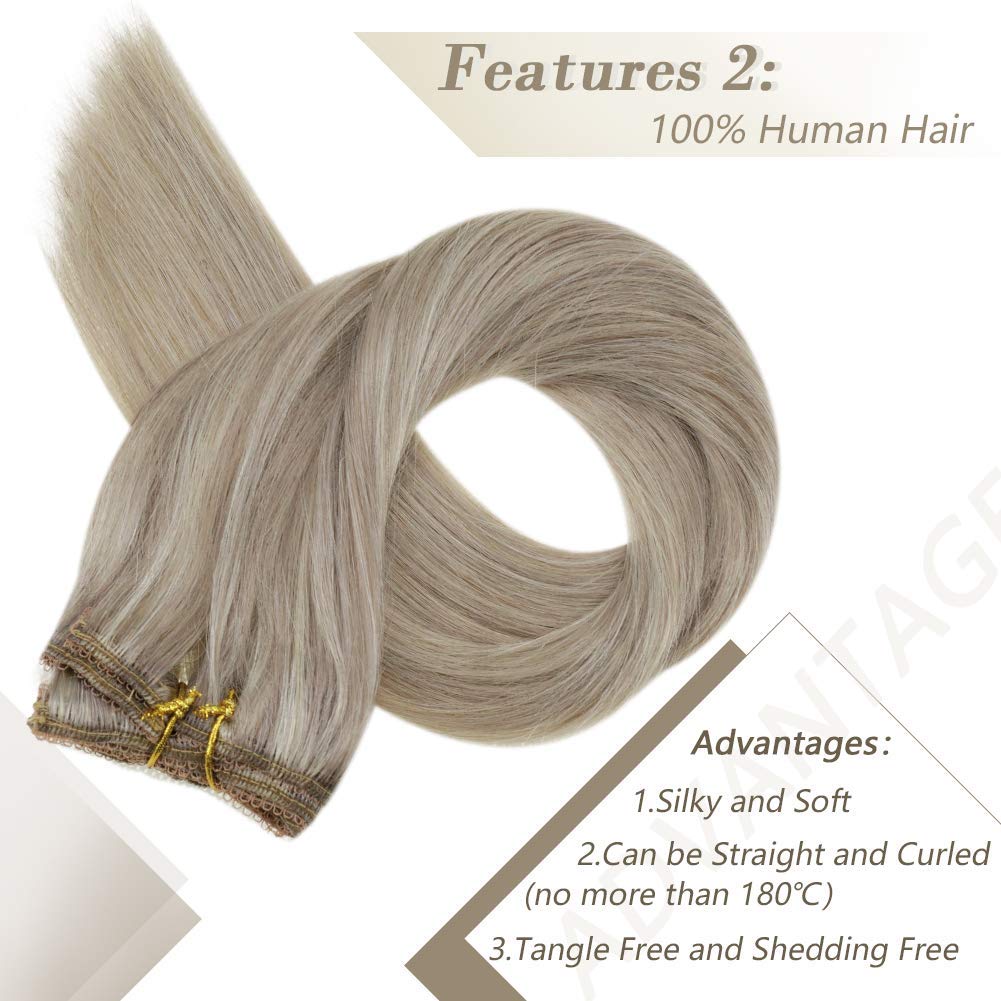 Clip in Human Hair Extensions 20 Inch - Real Platinum Blonde & Grey Highlighted Hair - 3pc & 9pc Sets for Volume & Length - Perfect for Parties, Weddings & Daily Styling