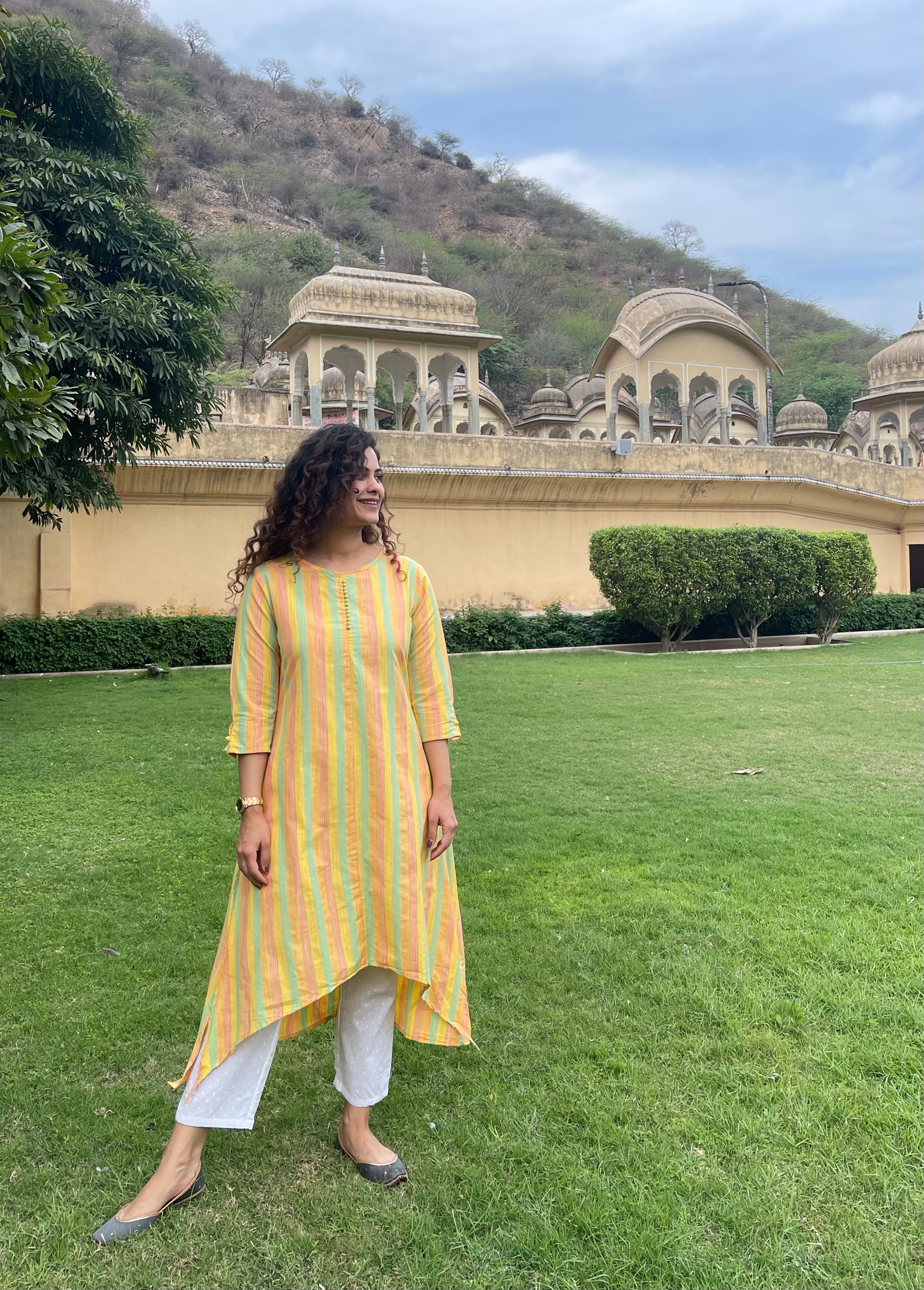 Stylish Yellow Cotton Stripes Kurta Set for Women - Comfortable & Trendy Indian Ethnic Wear - Perfect for Festivals, Parties & Casual Outings