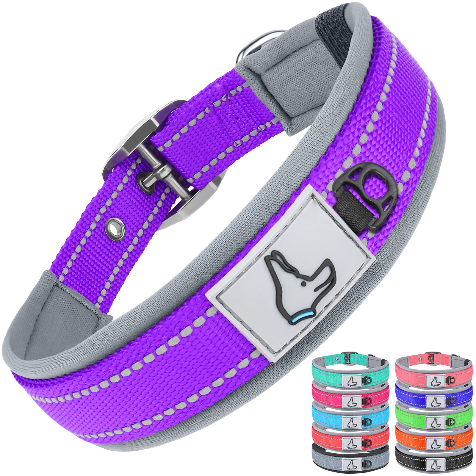 Dynmeow Reflective Dog Collar - Double Layer Thick Nylon with Neoprene Padding - Soft, Breathable Pet Collar for Small, Medium, Large & XL Dogs - 11 Colors (Purple X-Large) - Perfect for Night Walks, Training & Outdoor Adventures