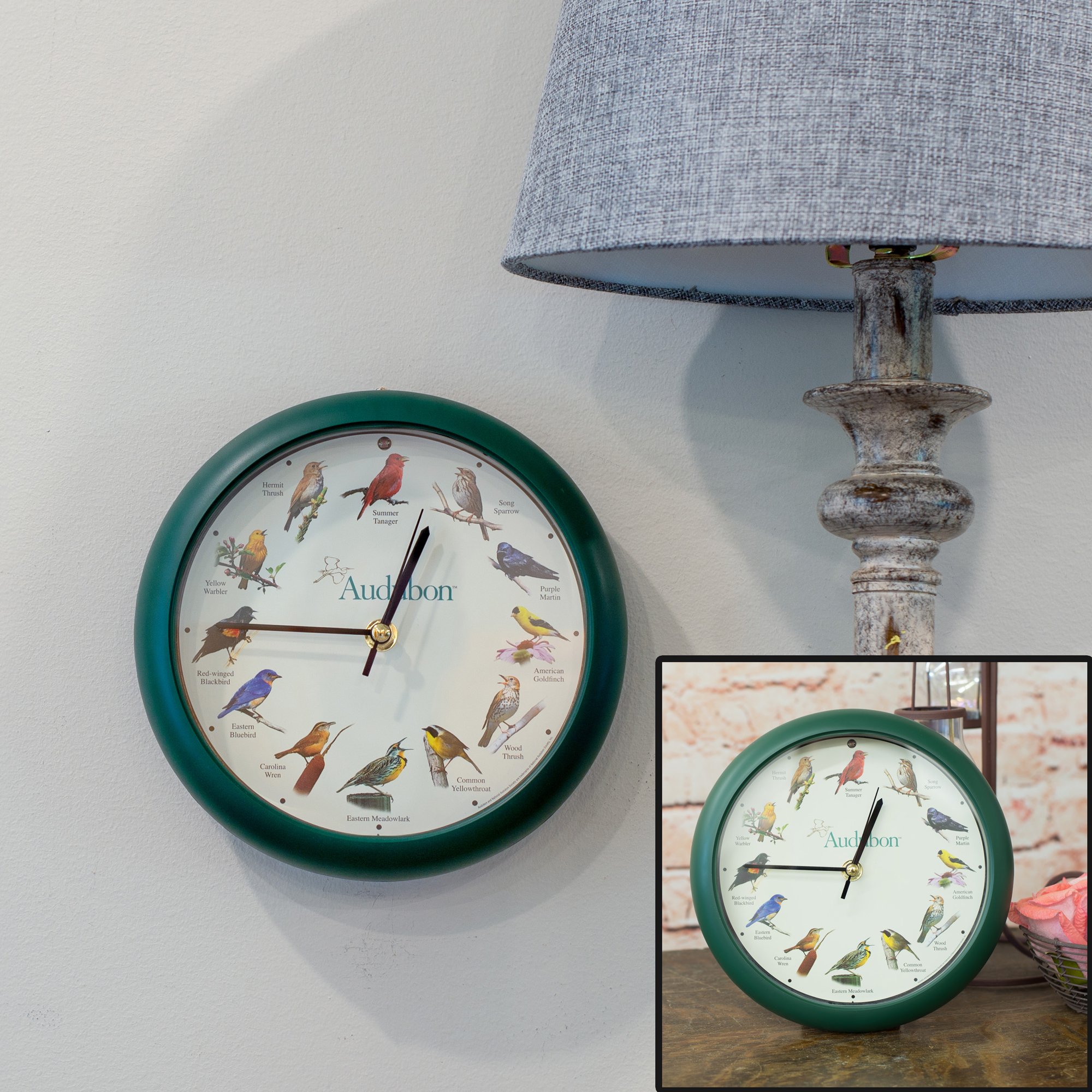 Audubon Singing Bird Wall and Desk Clock - 8 Inch Decorative Musical Clock with Melodies - Perfect for Home, Office, Nursery, and Gift Giving
