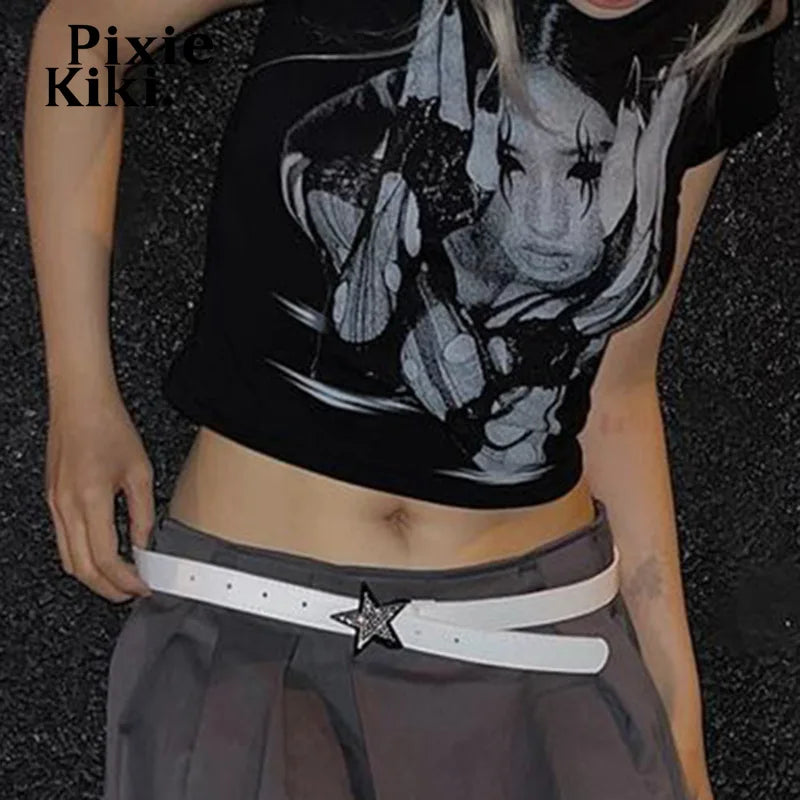 Y2K Black Graphic Tees for Women - 2000s Streetwear Emo Style Cropped Short Sleeve Tops | Summer 2024 Fashion | Perfect for Concerts, Street Style & Casual Outfits