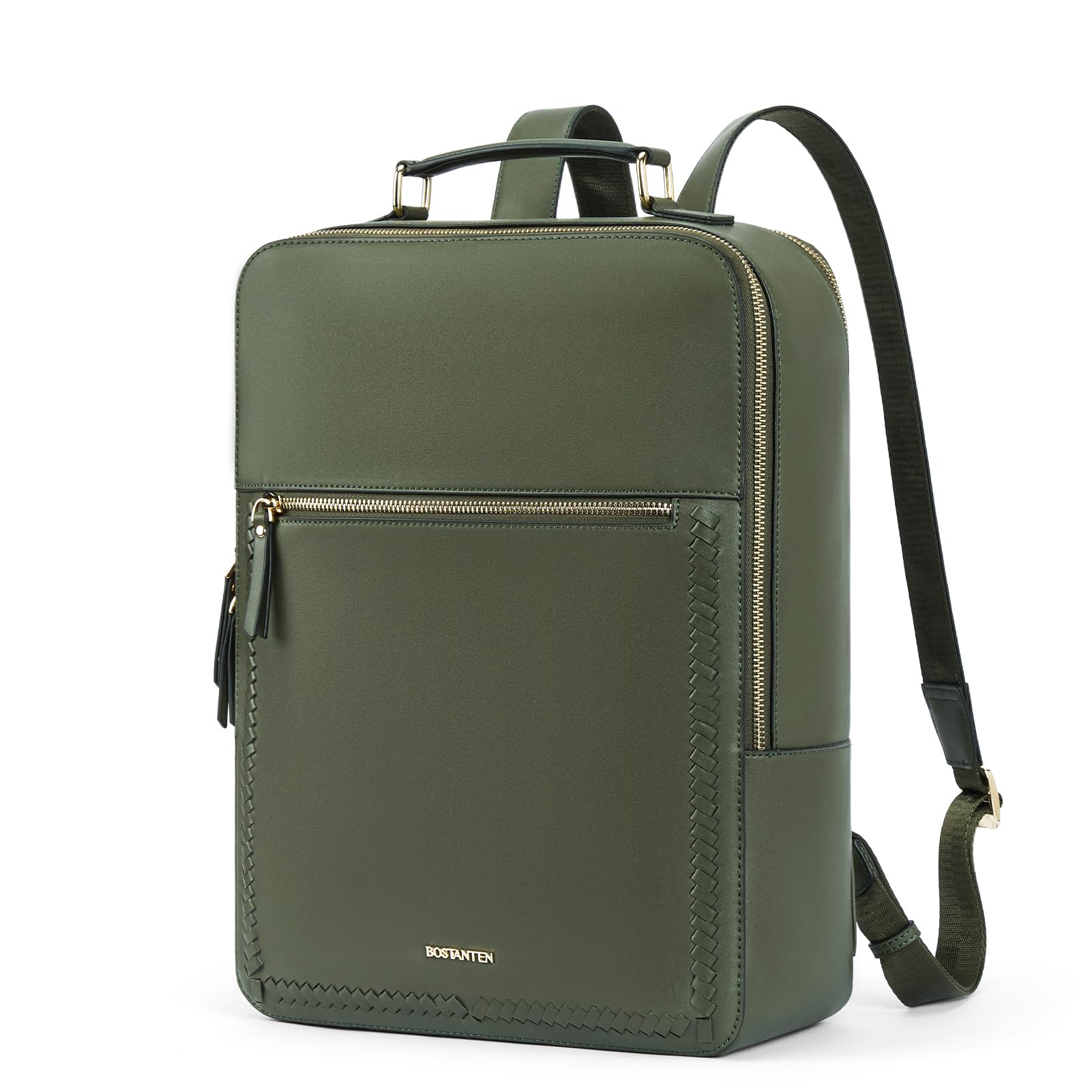BOSTANTEN 15.6 Inch Leather Laptop Backpack for Women & Men - Waterproof Travel Computer Bag with USB Charging Port & Trolley Sleeve - Business Work Backpack for College, Office & Daily Commute - Olive Green