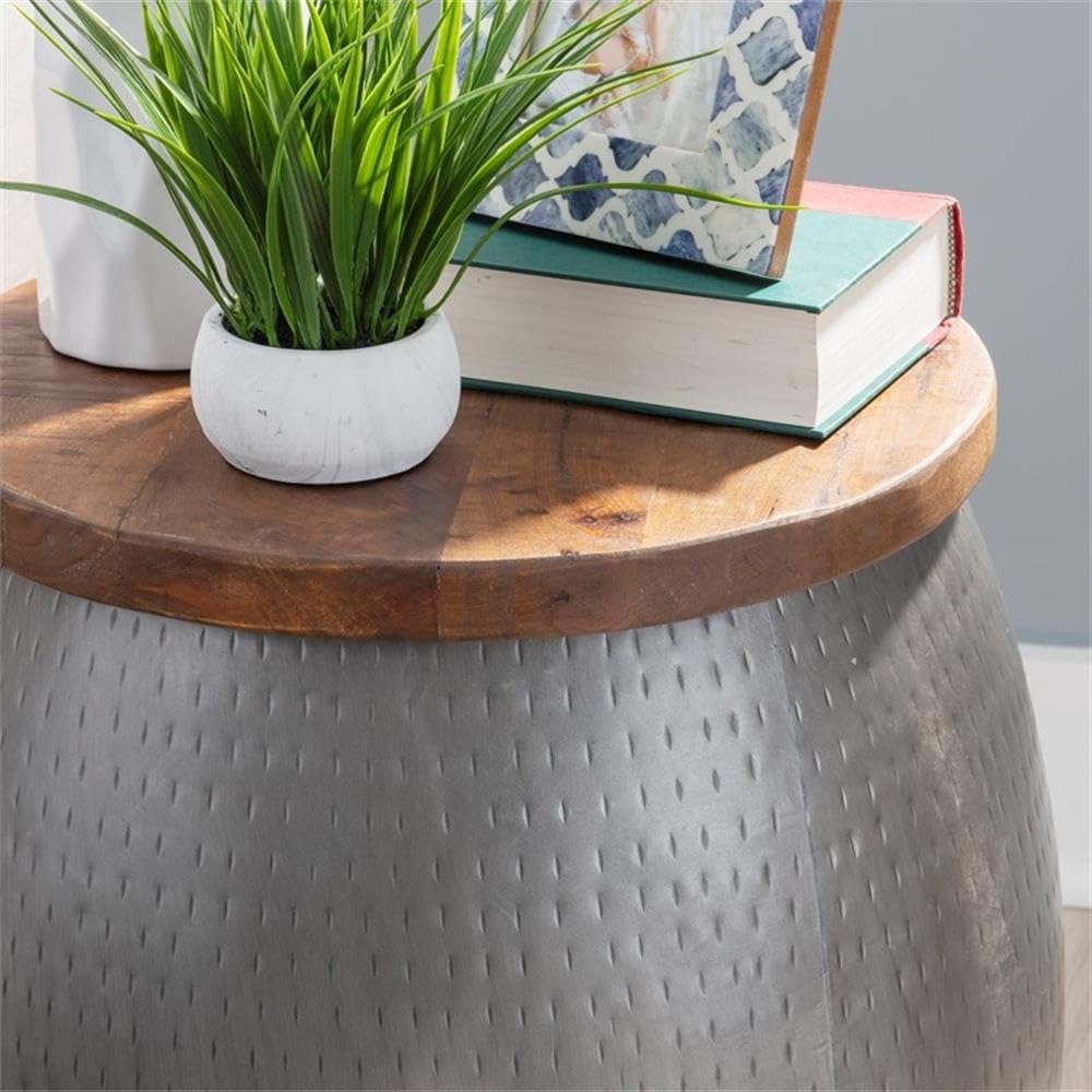 Pemberly Row Modern Metal and Wood Drum Side Table with Storage in Silver - Stylish End Table for Living Room, Bedroom or Office Decor