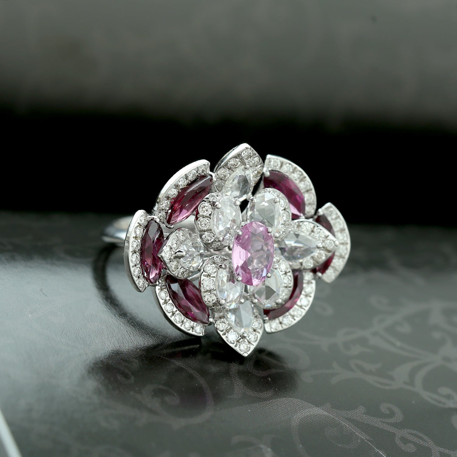 18K White Gold Marquise Ruby & Pink Sapphire Pave Diamond Ring with Rose Cut – Elegant Engagement, Wedding, Anniversary Gift for Her