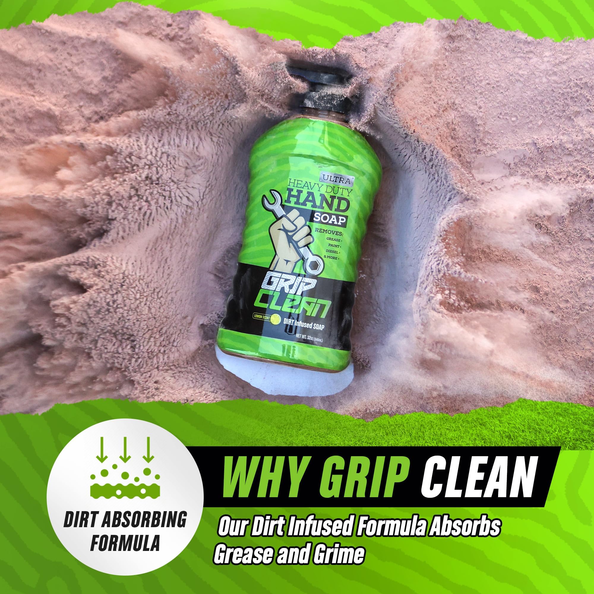 Grip Clean Ultra Heavy Duty Hand Cleaner for Auto Mechanics - Walnut Scrub Exfoliating Waterless Hand Soap | Removes Grease, Oil, Paint & Tough Dirt | Lemon Scented | Ideal for Garage, Workshop & DIY Projects