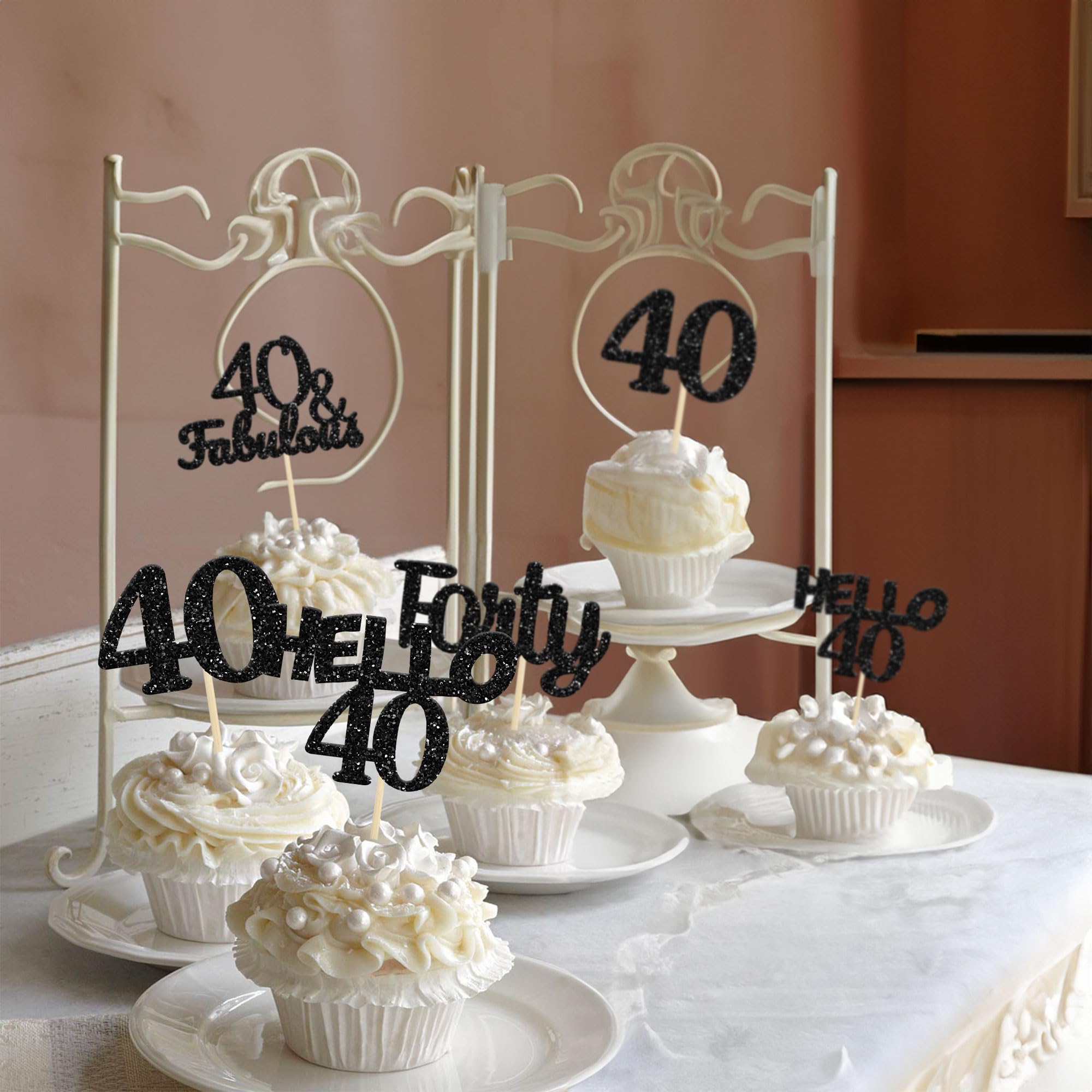 24Pcs Black Glitter 40th Birthday Cupcake Toppers - Hello 40 Forty Cake Decorations - 40 & Fabulous Cupcake Picks for 40th Birthday Party Supplies - Perfect for Anniversary, Retirement, Milestone Celebrations