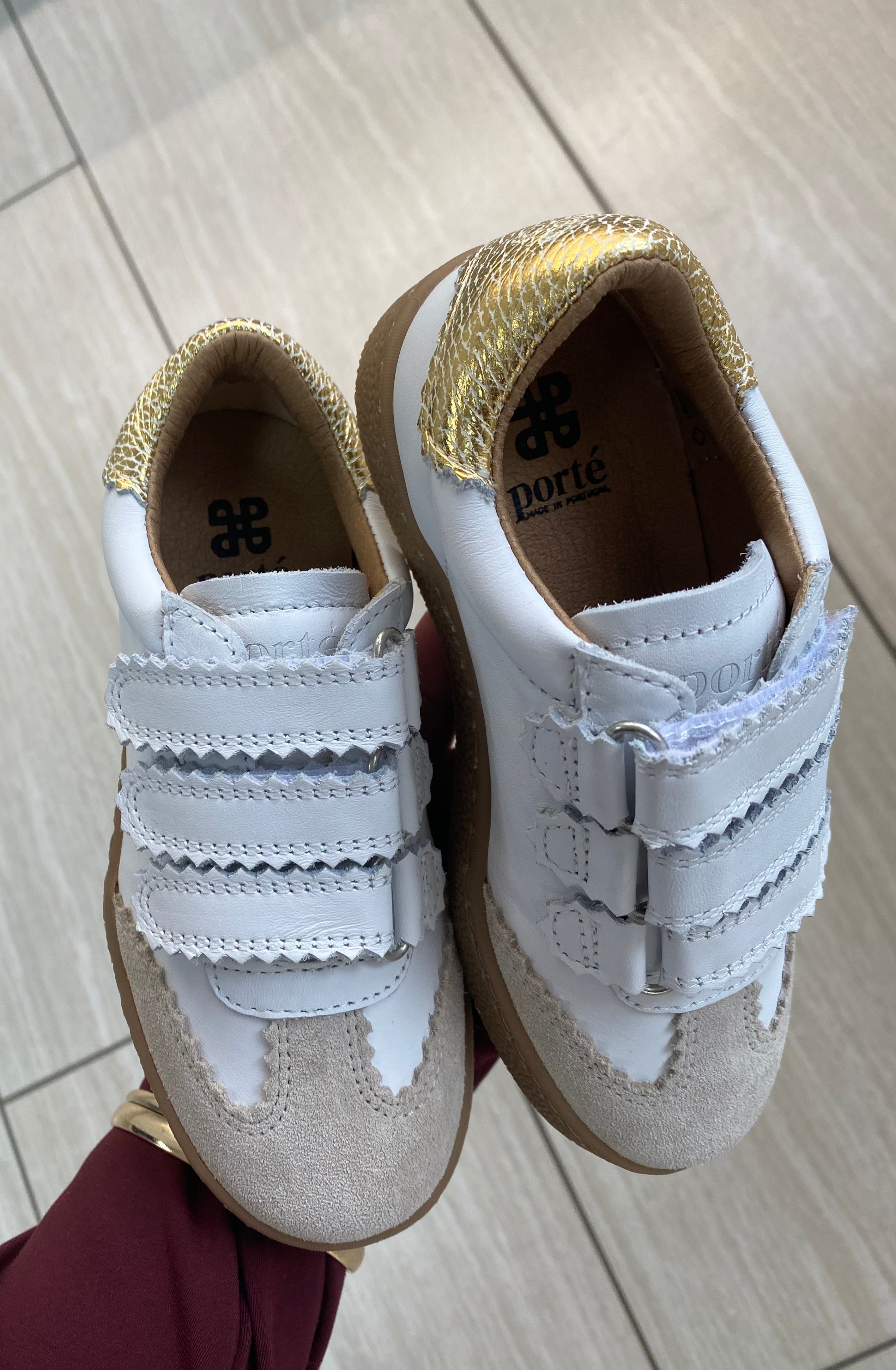 White and Gold Scalloped Velcro Sneakers for Women - Comfortable Casual Walking Shoes - Perfect for School, Work, and Everyday Wear