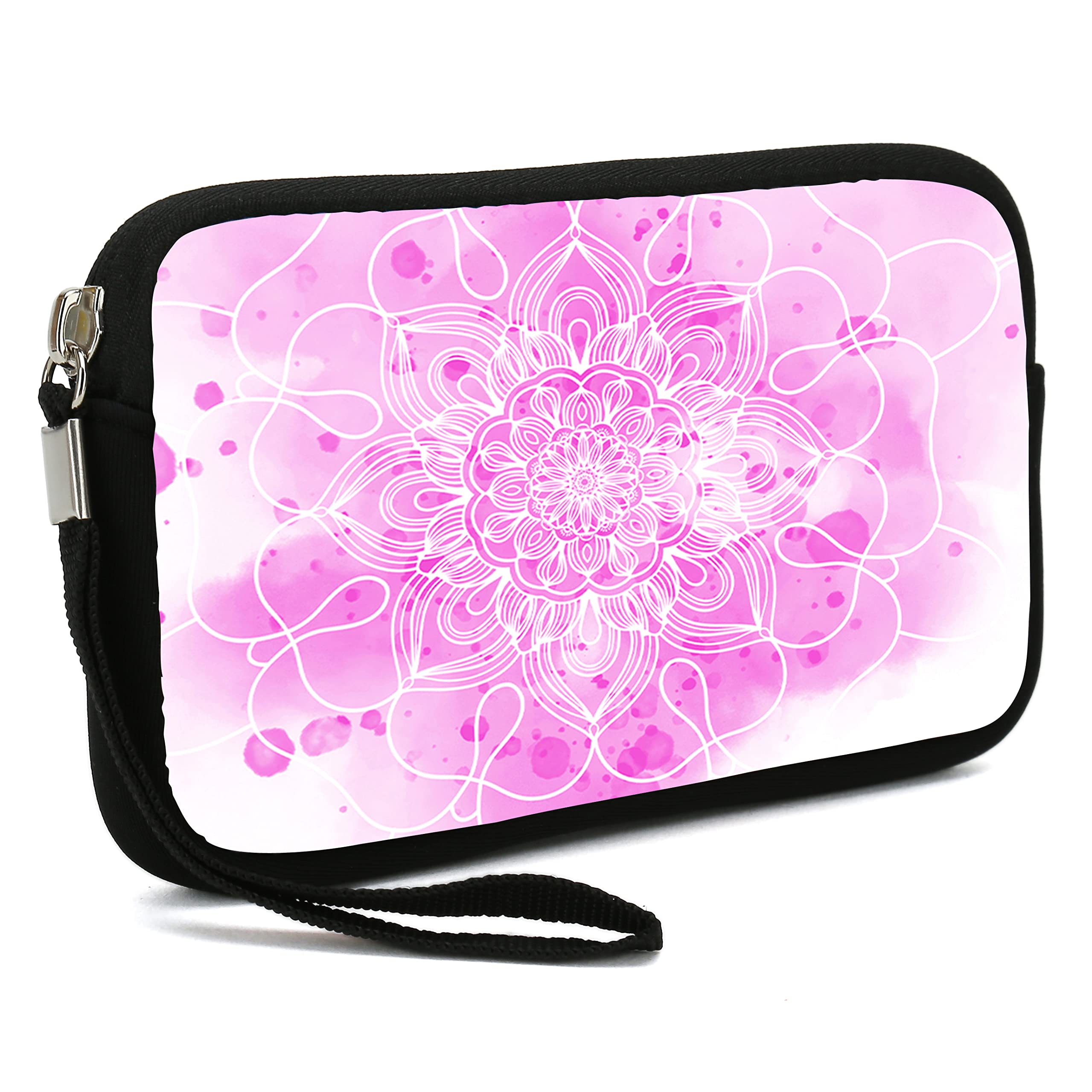 Portable Neoprene Makeup Bag for Women - Small Travel Cosmetic Pouch, Smartphone Wristlet Wallet Clutch Purse, Coin & Pencil Organizer (Pink Mandala) - Perfect for Travel, Gym, School & Everyday Use