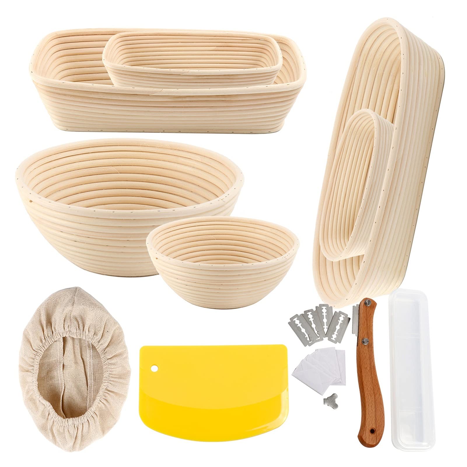 Round Oval Woven Bread Proofing Basket - 17x12x6cm Sourdough Fermentation Proving Basket with Dough Scraper Knife & Liner - Perfect for Artisan Bread Baking, Kitchen & Dining Room Use