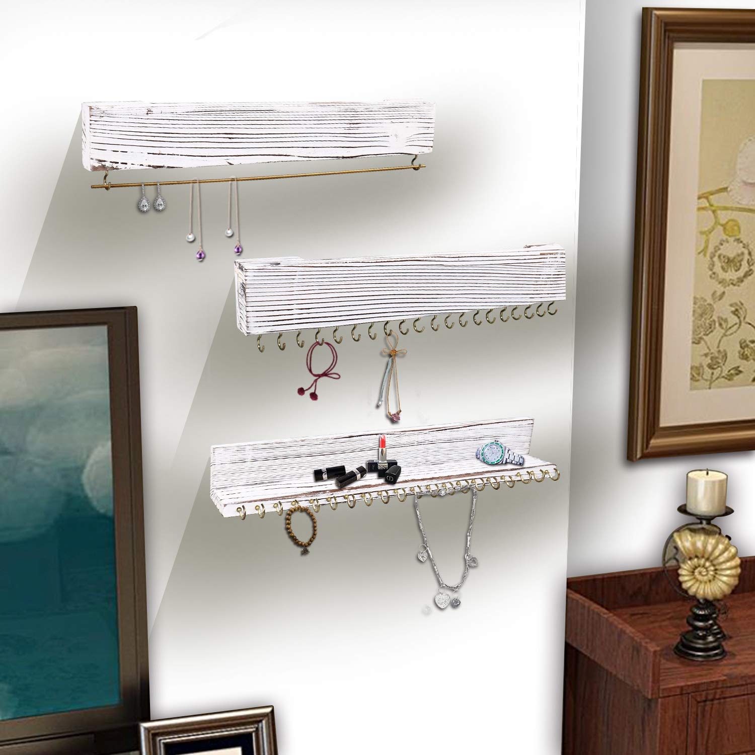 Y&ME YM Hanging Jewelry Organizer - Wall Mounted Necklace, Ring & Earring Holder with 24 Hooks & Removable Bracelet Rod | Jewelry Display & Storage for Women | Perfect for Bedroom, Closet & Travel Organization