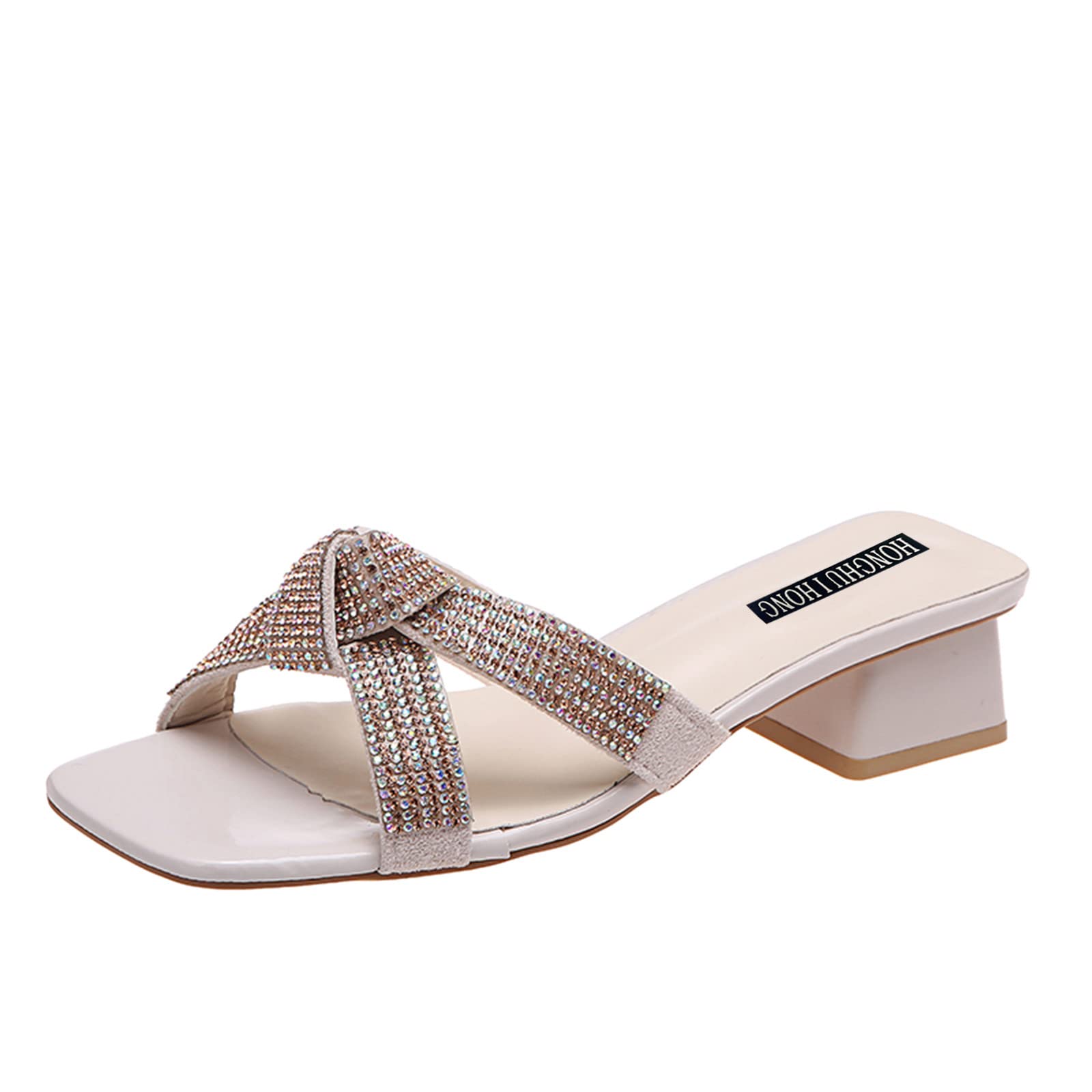 Stylish Rhinestone Leather High Heel Sandals for Women - Summer Fashion Thick Sole Slide Slippers - Perfect for Parties, Weddings & Beach Vacations