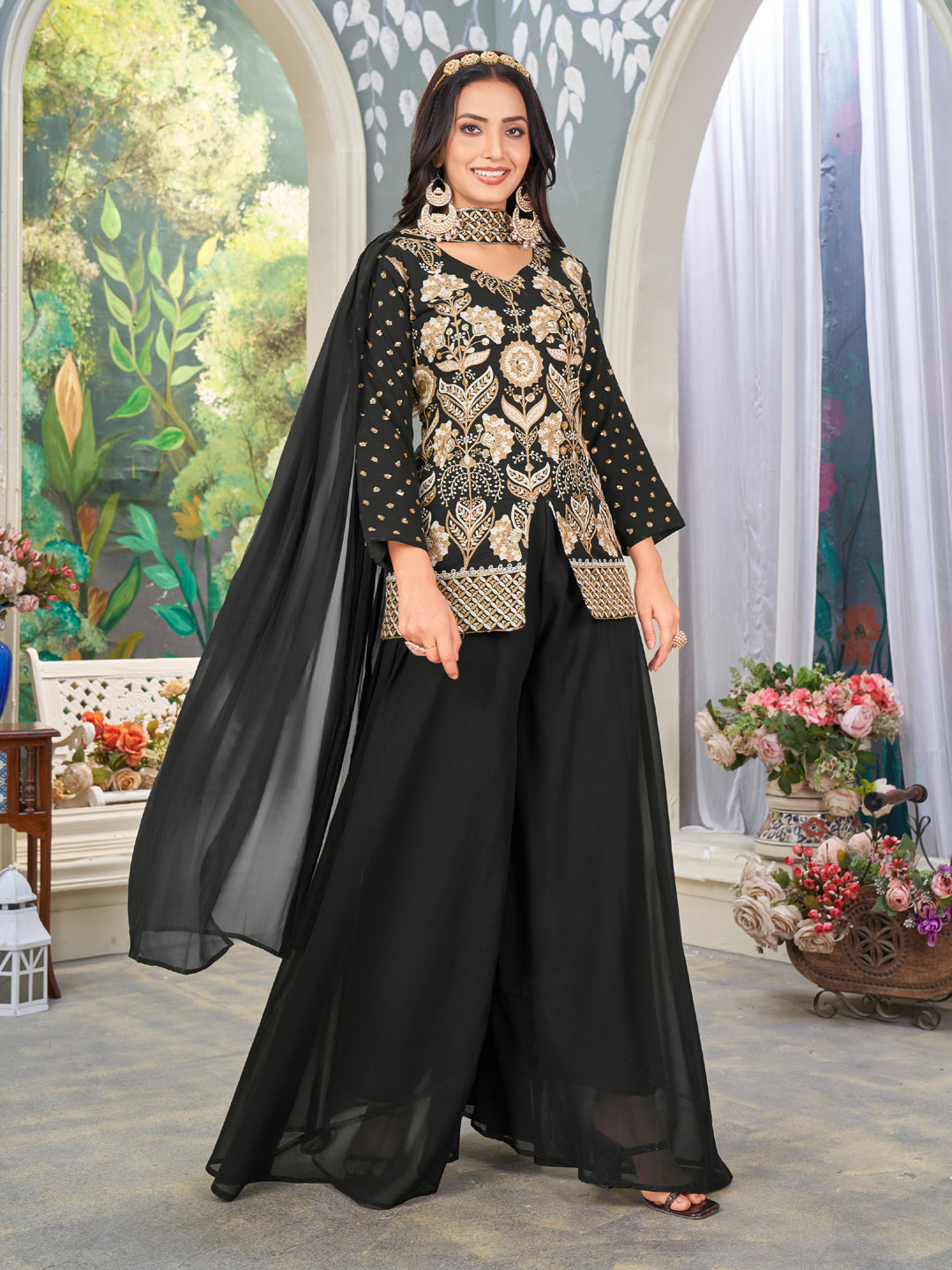 Elegant Black Heavy Designer Palazzo Suit with Embroidery & Sequins - Perfect for Parties, Weddings & Special Occasions