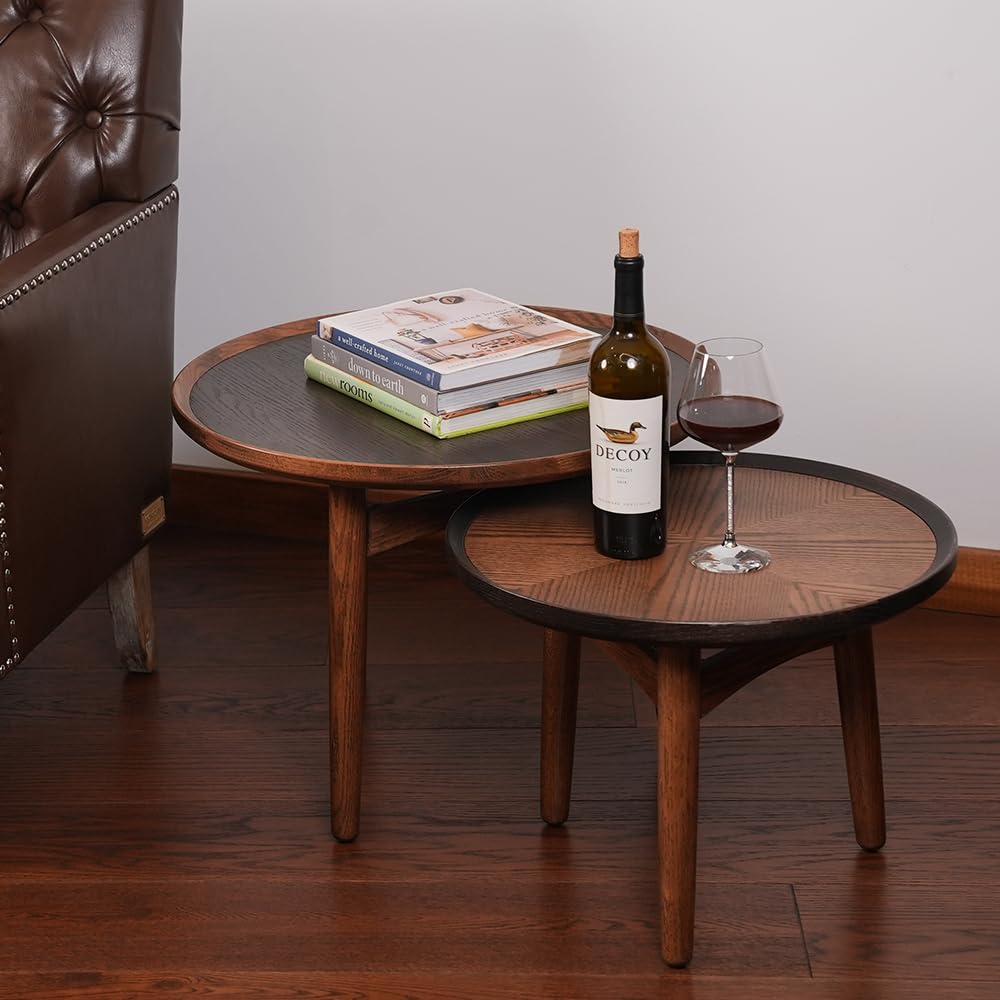 CONSDAN Solid Oak Nesting Table Set - Wood Coffee Table & Side Table for Living Room, Bedroom, Balcony - Large Size for Home Decor & Small Space Saving