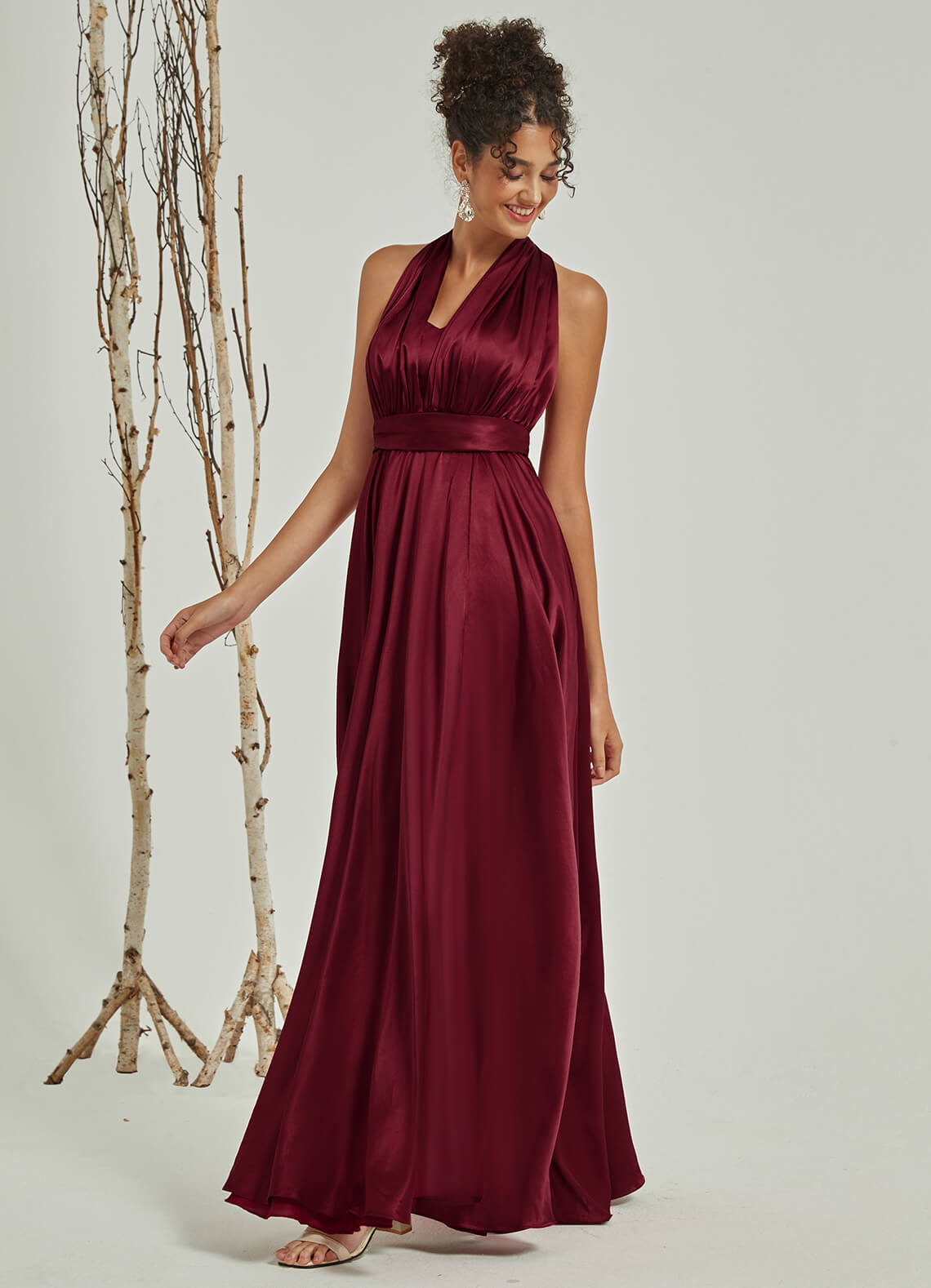 Burgundy Satin Convertible Bridesmaid Dress - Multi-Way Wrap A-Line Gown for Weddings, Parties & Formal Events