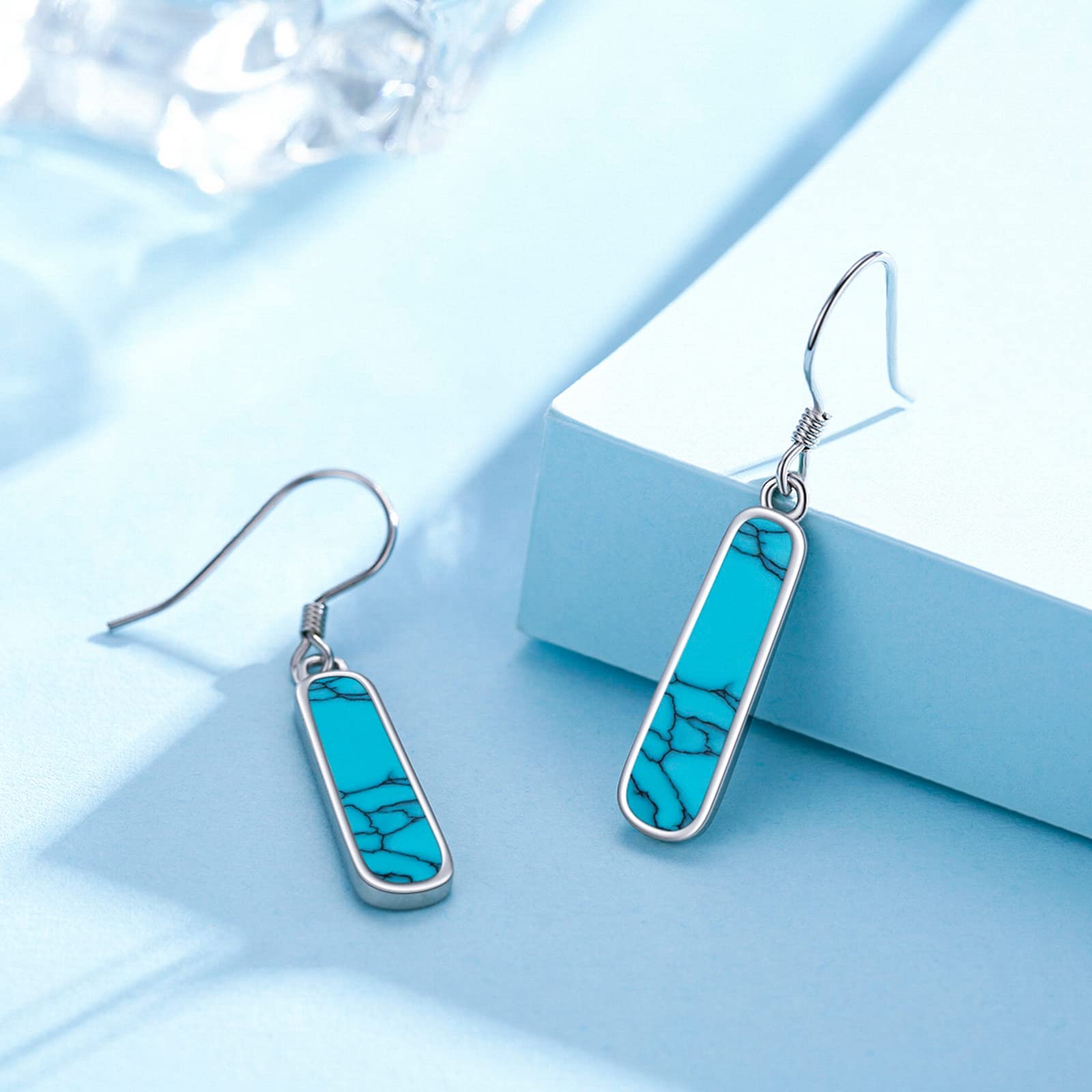 Turquoise Dangle Earrings for Women - S925 Sterling Silver Rectangle Leverback Gemstone Jewelry | Perfect for Parties, Weddings & Everyday Wear
