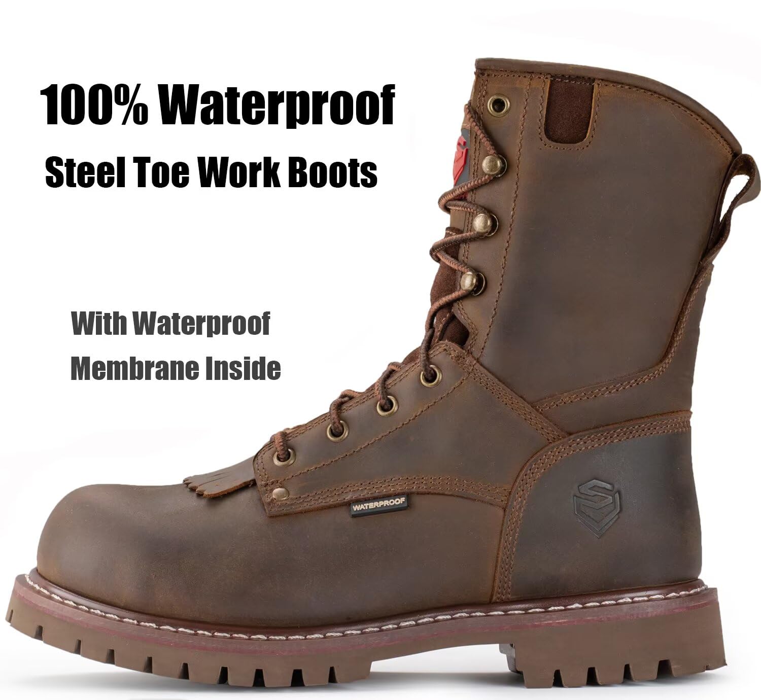 SUREWAY Men's 8 Inch Waterproof Steel Toe Work Boots - Oil & Slip Resistant, Thick Full Grain Leather, Wedge Rubber Sole, EH Rated - Ideal for Construction, Logging & Outdoor Work Safety