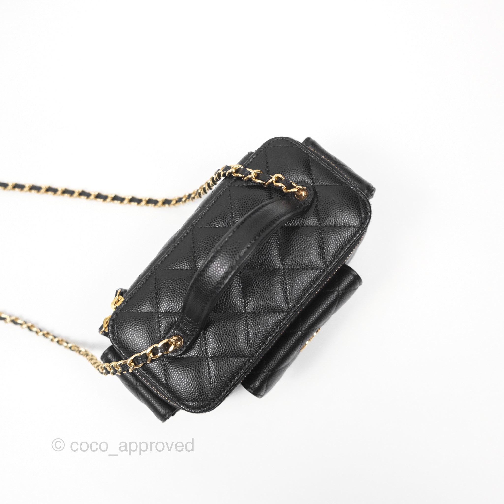 Chanel Black Caviar Gold Hardware Cargo Pocket Top Handle Vanity Bag with Chain - Perfect for Evening Events, Parties, and Luxury Fashion Accessories