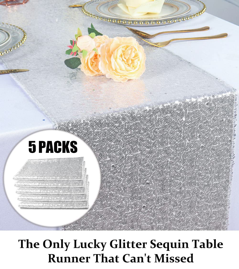 5-Pack Silver Sequin Table Runner 120 Inches Long - Shimmer Glitter Table Runners for Wedding, Party & Dining Table Decor - Perfect for Holiday Celebrations, Anniversary Dinners & Special Events
