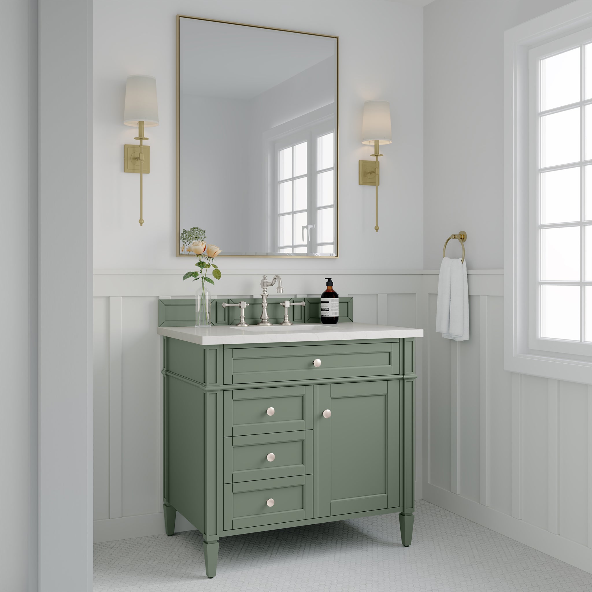 Brittany 36 Inch Single Bathroom Vanity with Smokey Celadon Finish & 3CM White Zeus Countertop - Perfect for Modern Master Bathrooms and Guest Bath Renovations