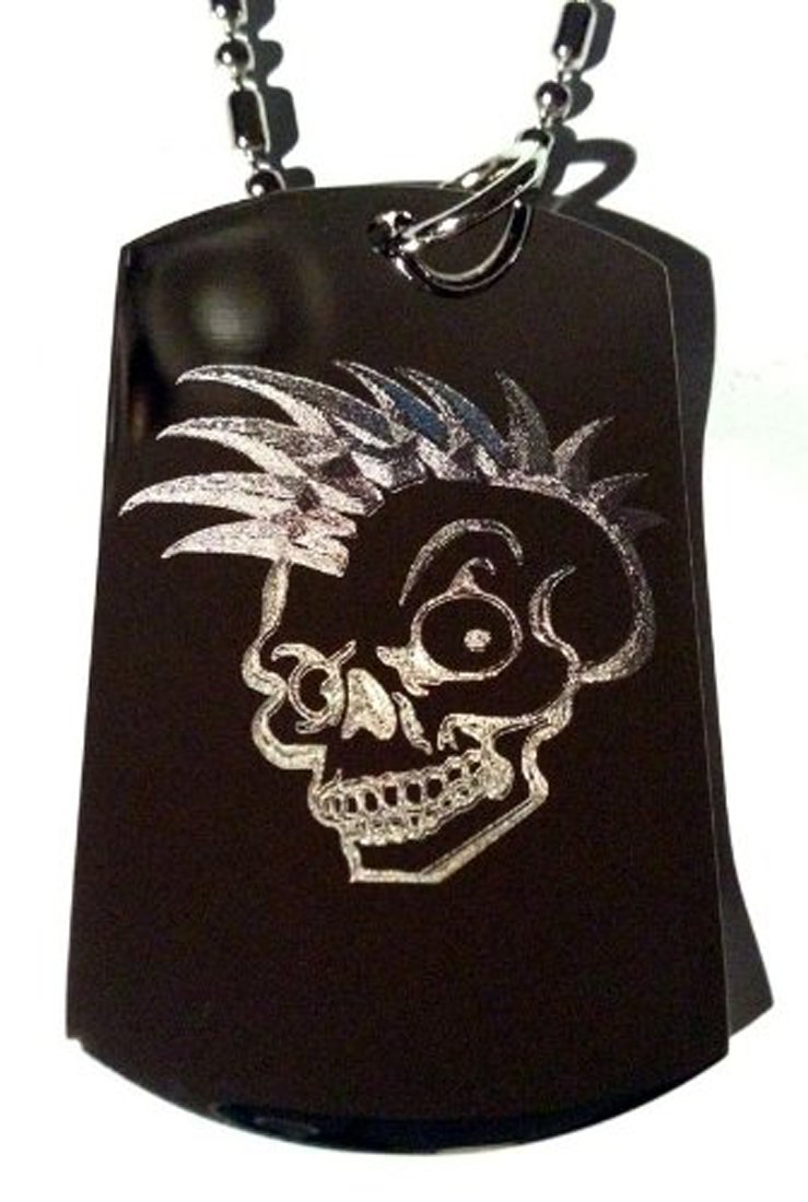 Punk Rocker Mohawk Hair Scary Skull Logo Metal Dog Tag - Gothic Military Necklace, Keychain & Luggage Tag for Men | Perfect for Biker Gear, Rock Concerts & Halloween Costume Accessories