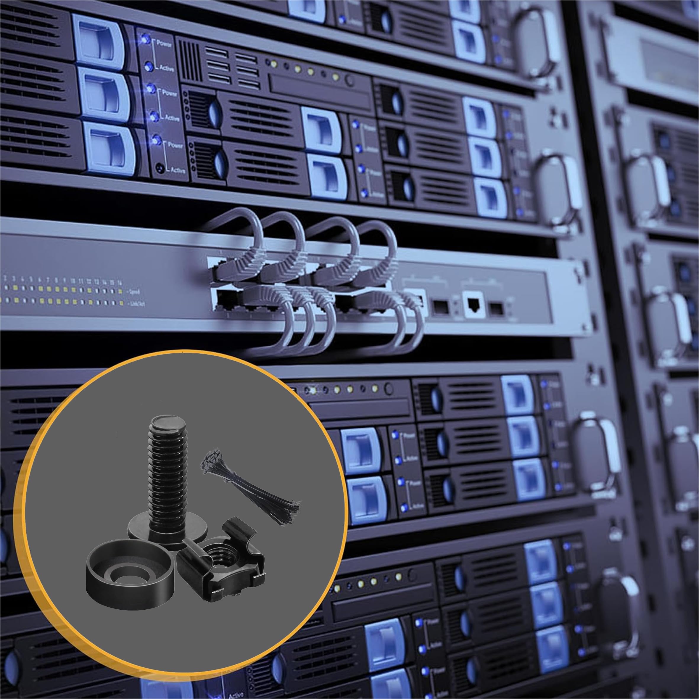 M6 x 16mm Black Server Rack Screws - 50pcs Set with Cage Nuts & Nylon Gaskets for Computer Rack Mount, Server Shelves & Cabinets | Durable Hardware for Data Center, Network Equipment & Home Server Setup