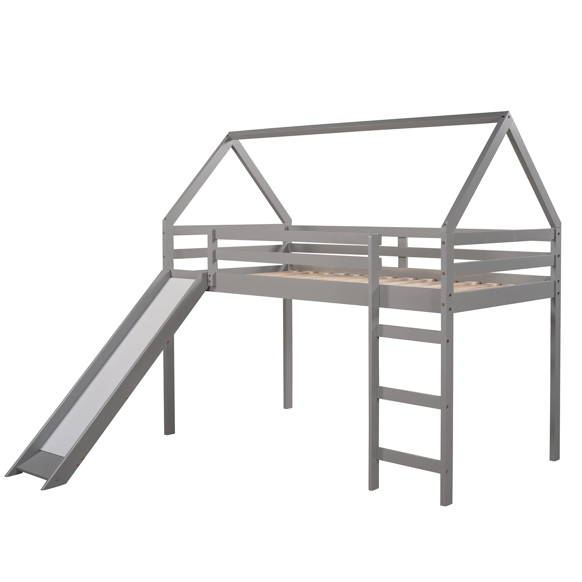 Kids Twin Loft Bed with Slide - Wooden Playhouse House Bed for Children, No Box Spring Needed, Grey - Perfect for Small Bedrooms, Playrooms & Fun Sleepovers