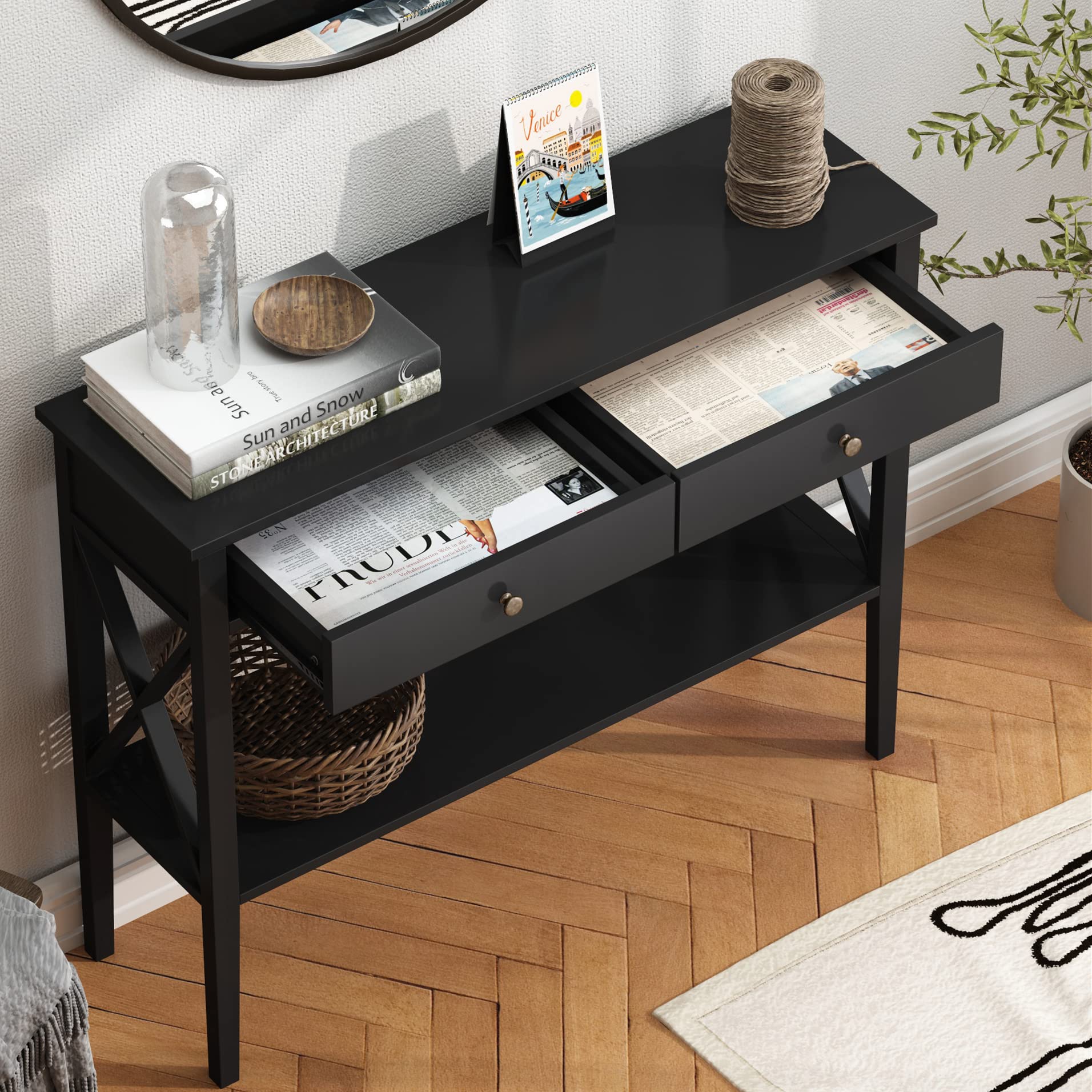 ChooChoo Narrow Wood Console Table with Drawers & Storage Shelf - Entryway Sofa Table for Hallway, Living Room & Front Hall | Perfect for Small Spaces & Home Decor Organization (Black)